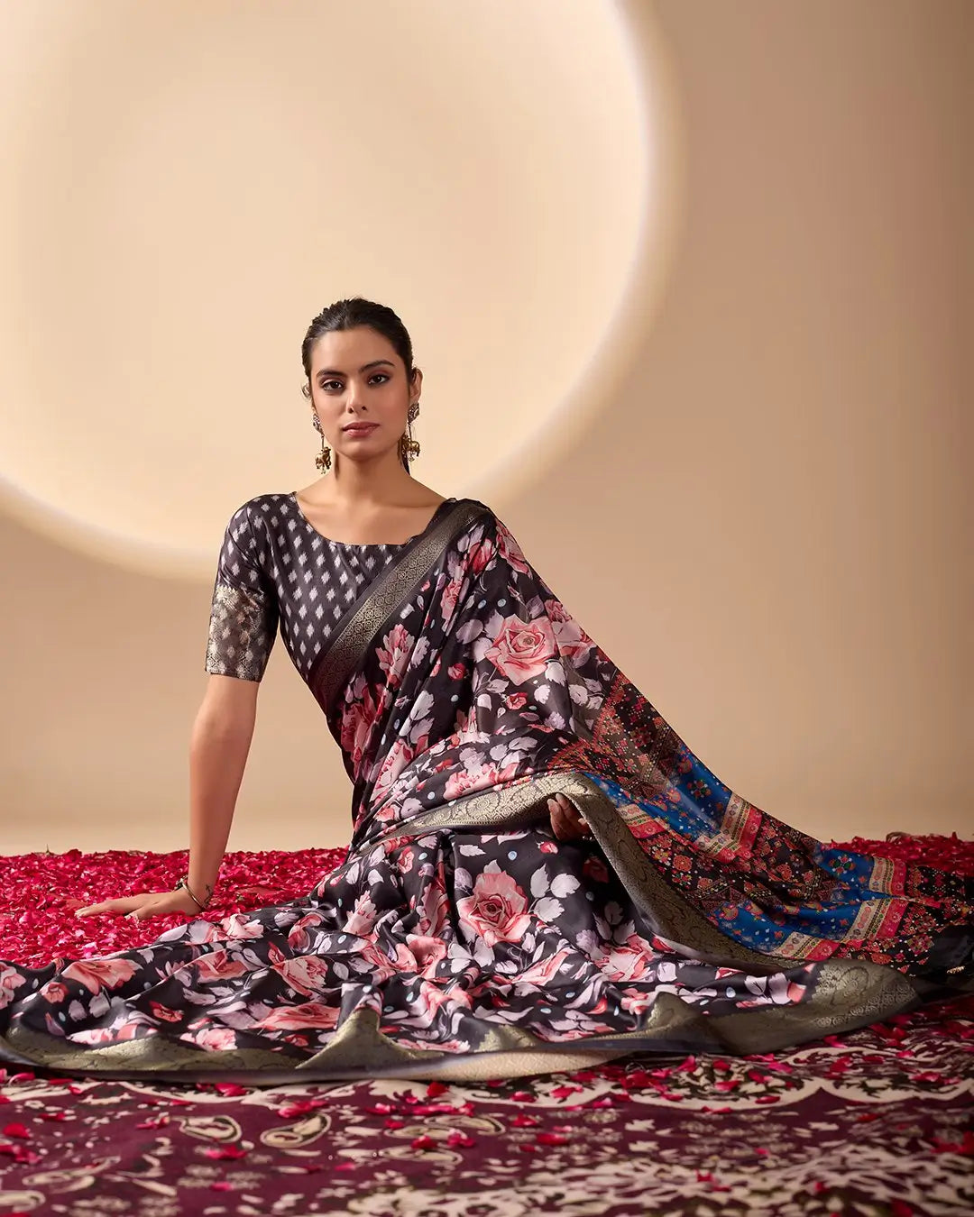 Floral Lichi Silk Saree with Zari Border