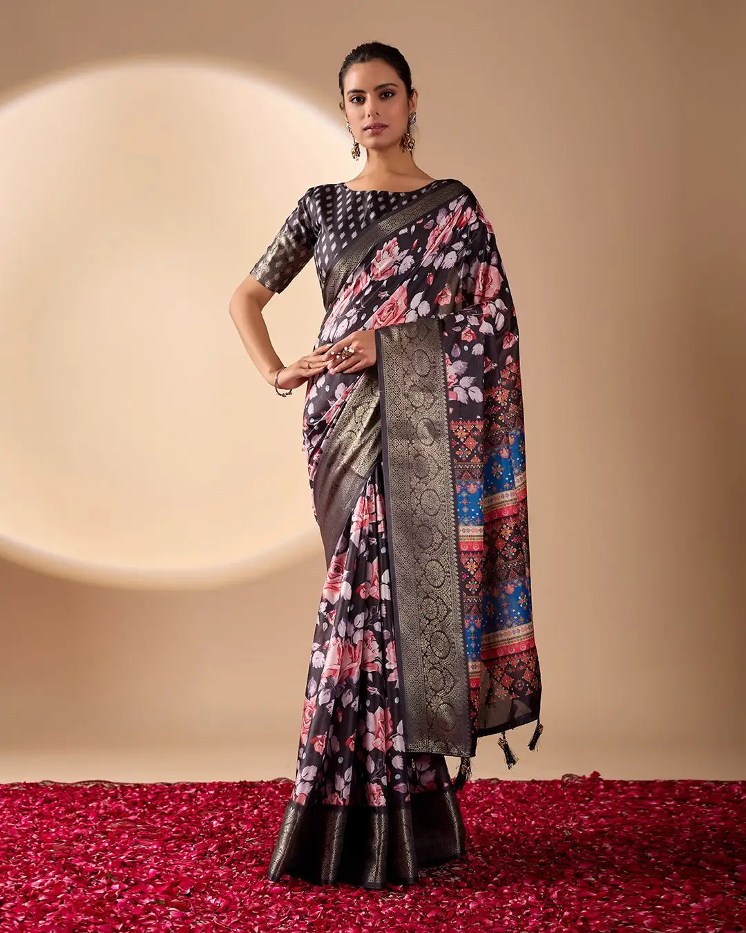 Floral Lichi Silk Saree with Zari Border