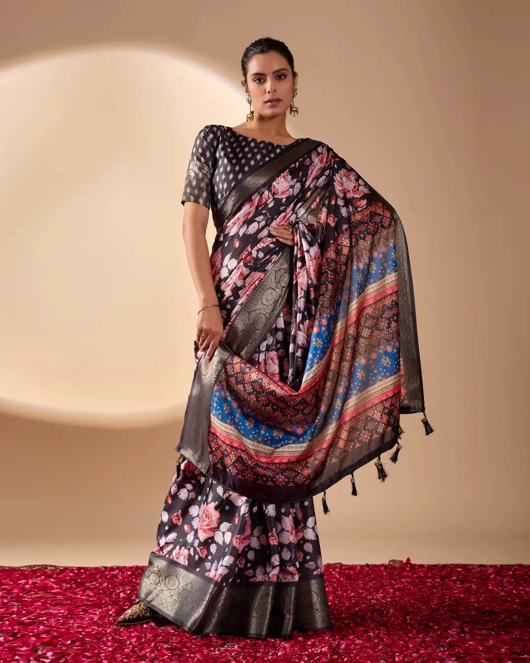 Floral Lichi Silk Saree with Zari Border