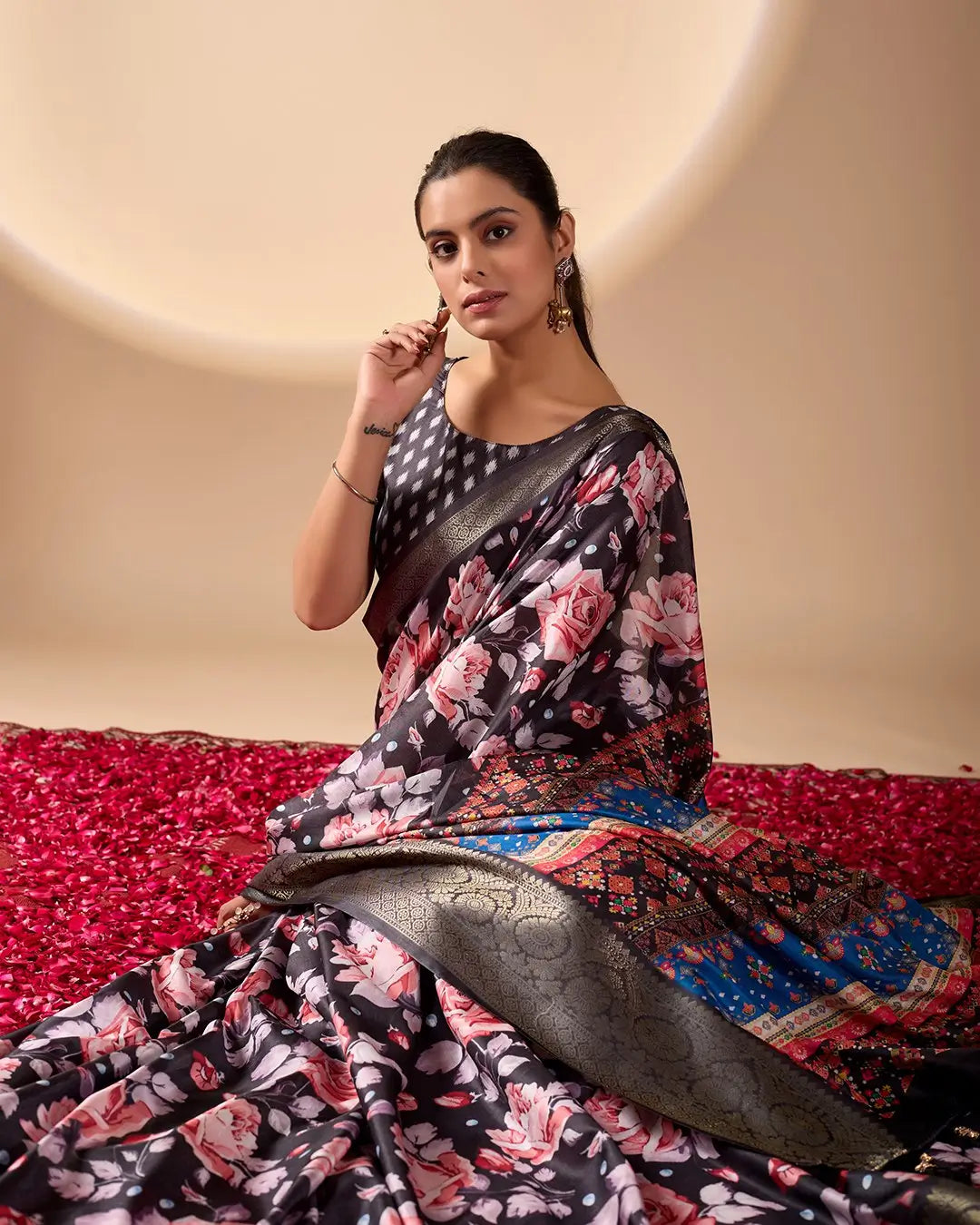 Floral Lichi Silk Saree with Zari Border