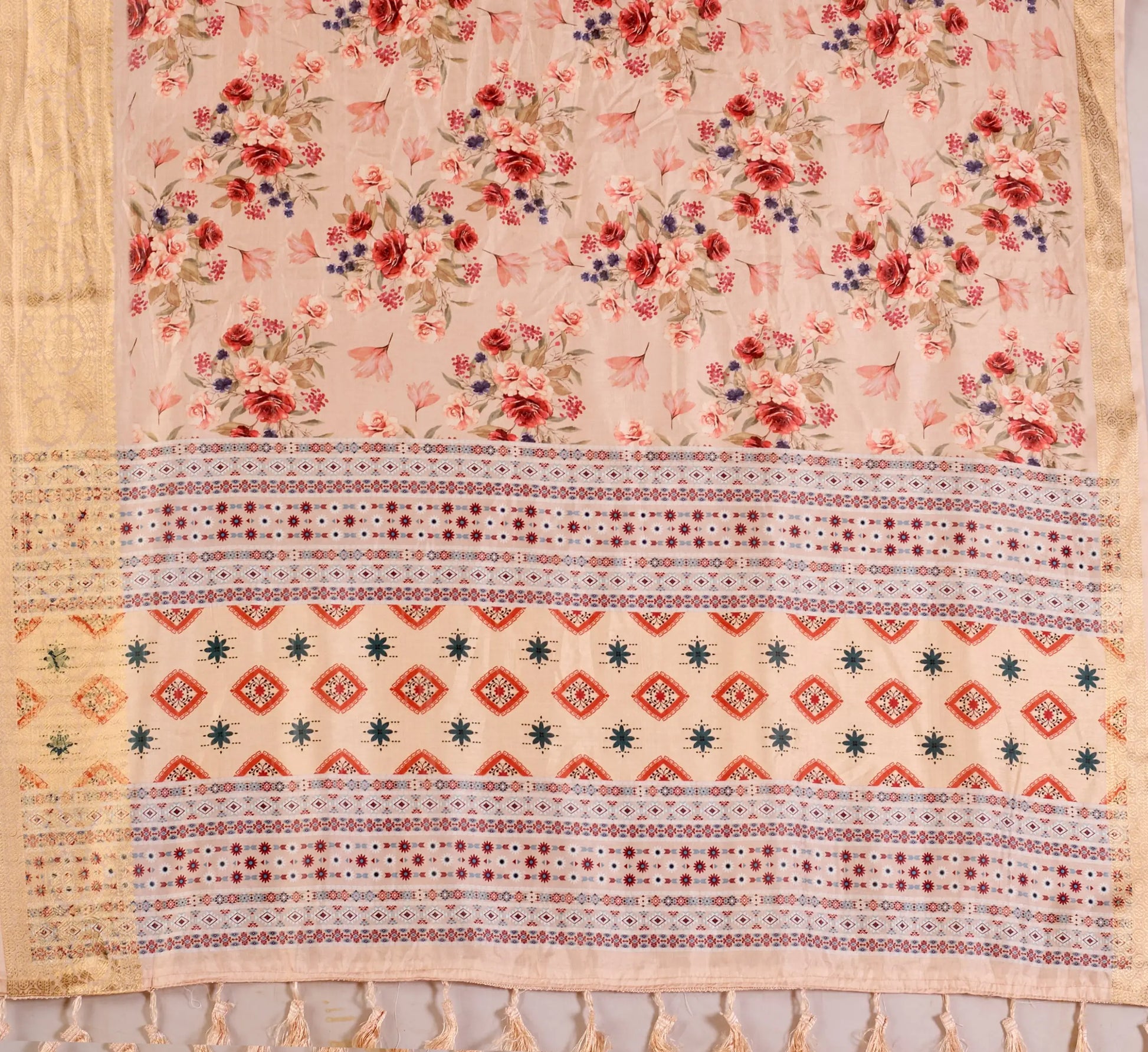 Floral Lichi Silk Saree with Zari Border