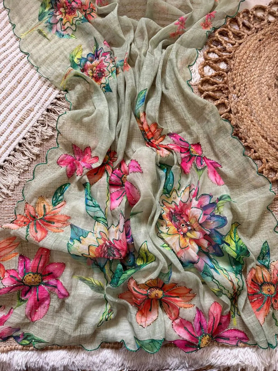 Floral Linen Silk Saree for Festive and Elegant Day Wear