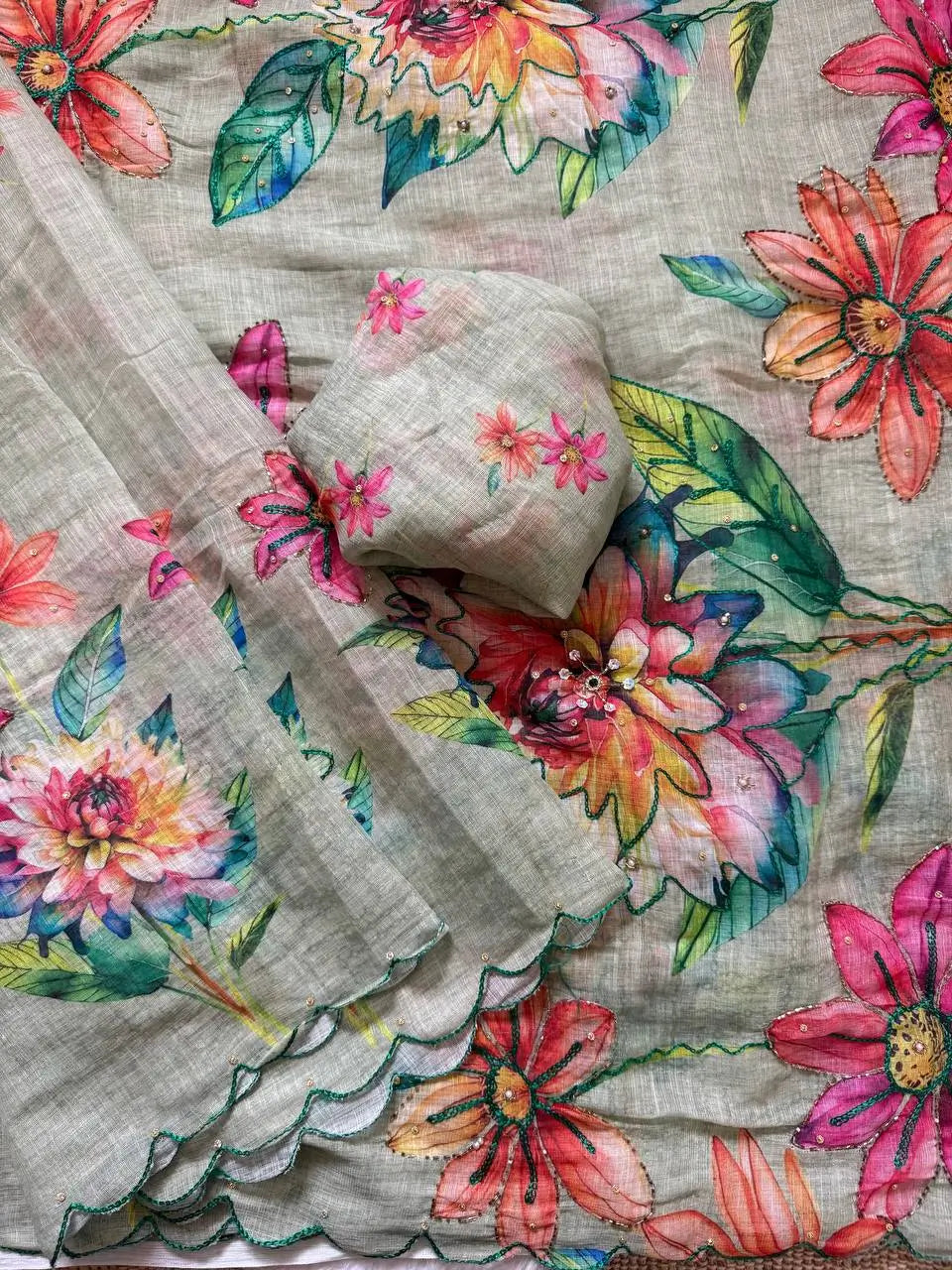 Floral Linen Silk Saree for Festive and Elegant Day Wear