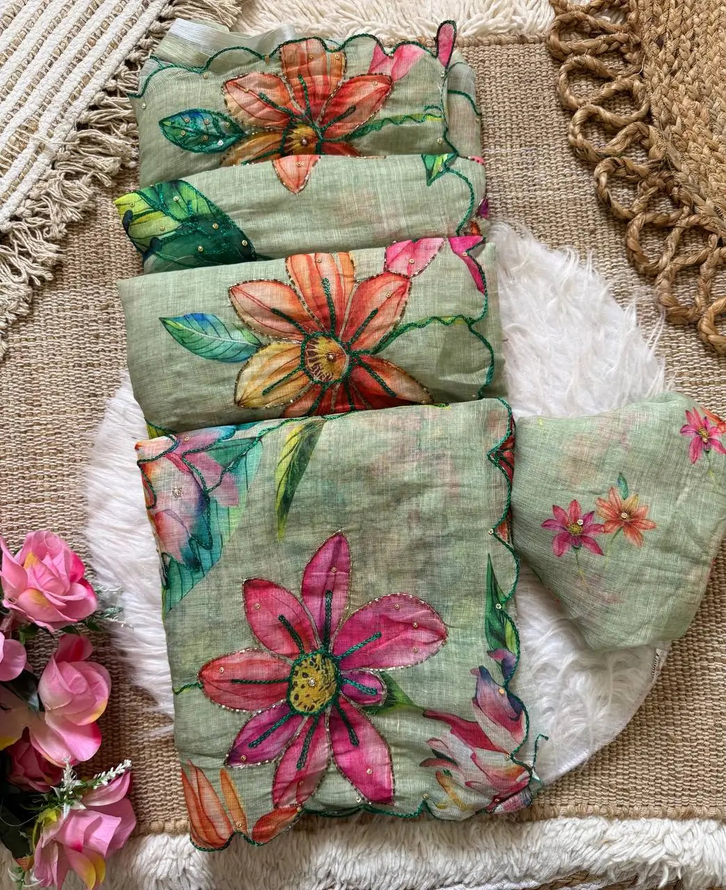Floral Linen Silk Saree for Festive and Elegant Day Wear