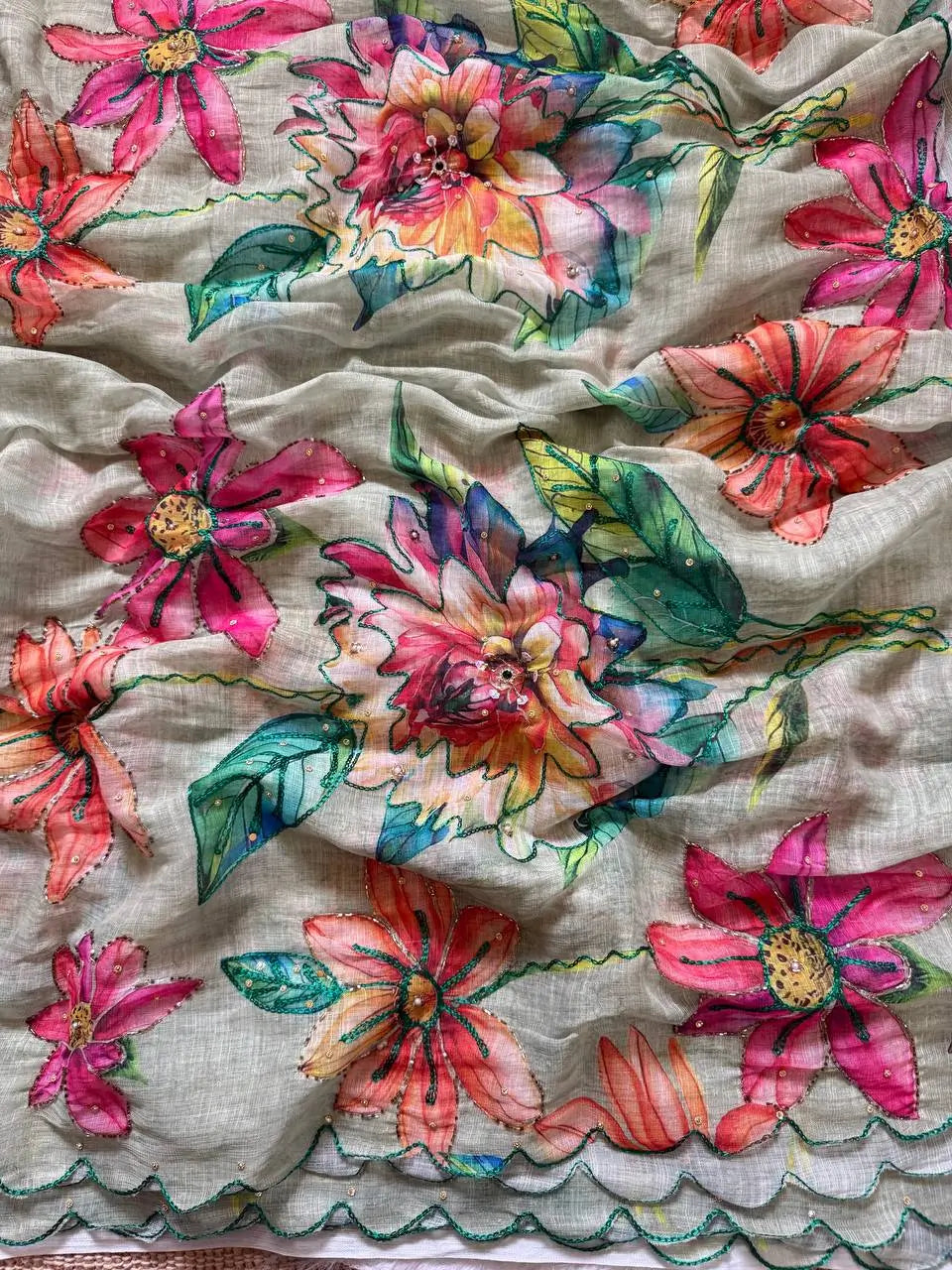 Floral Linen Silk Saree for Festive and Elegant Day Wear
