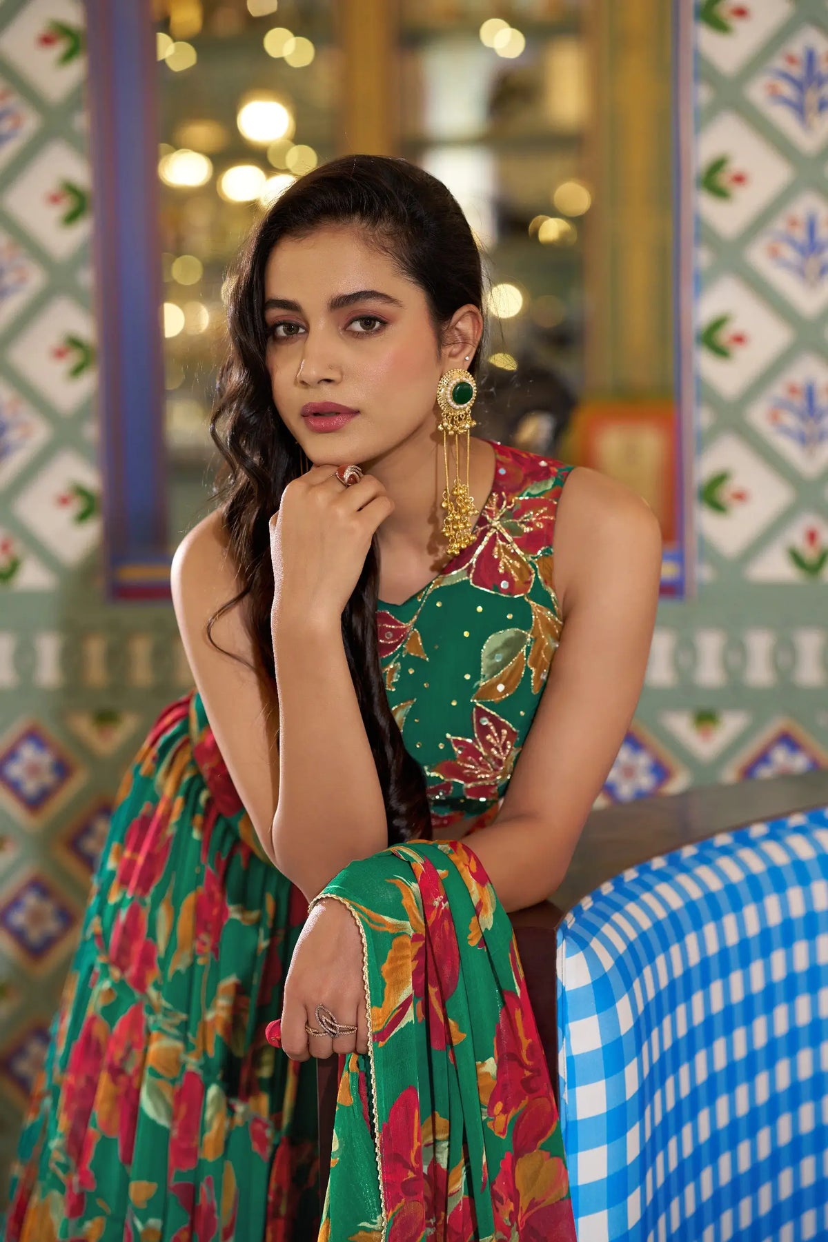 Floral Marble Fabric Tiered Lehenga Set