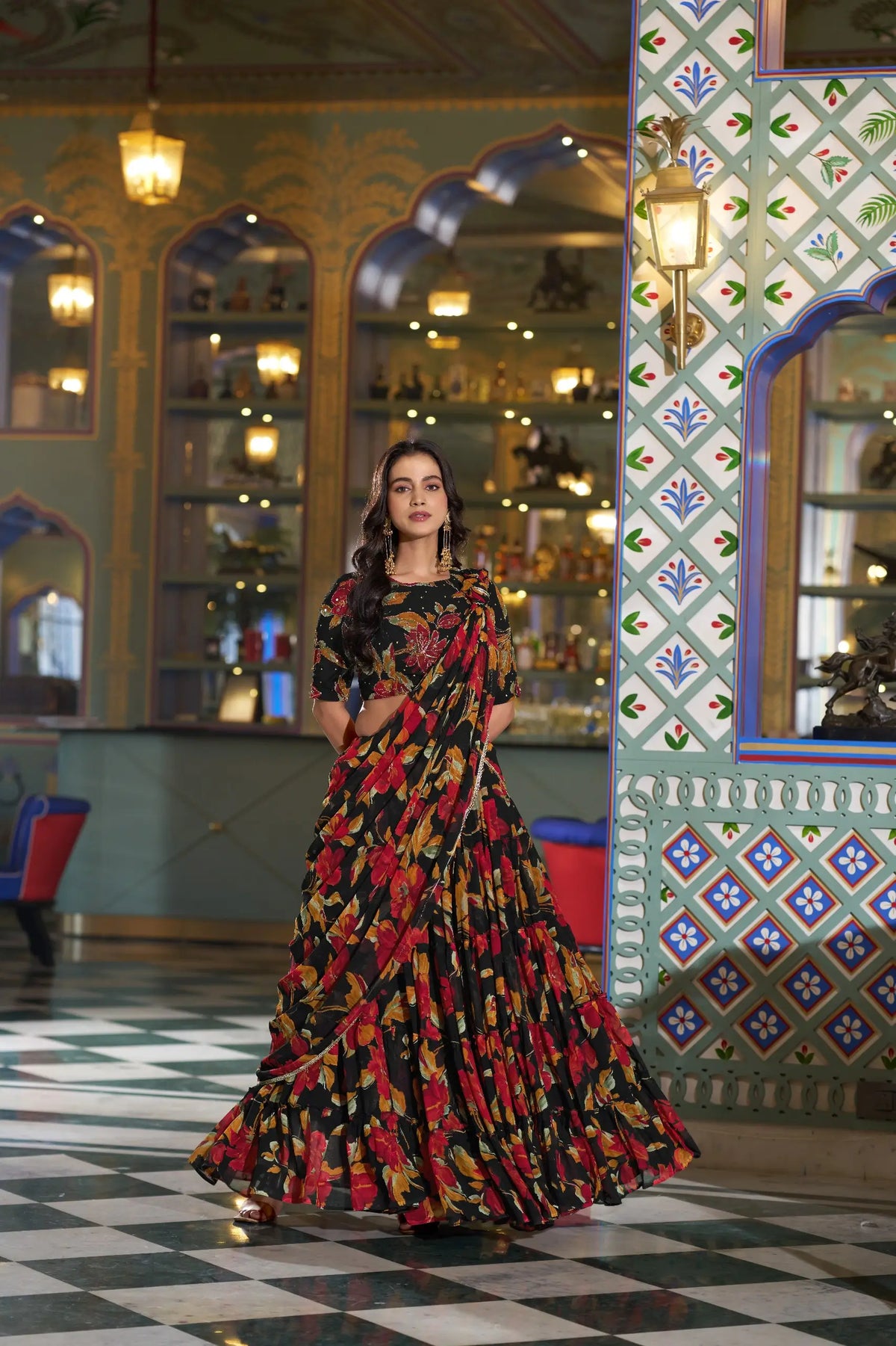 Floral Marble Fabric Tiered Lehenga Set