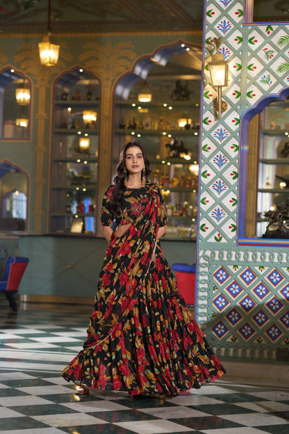 Floral Marble Fabric Tiered Lehenga Set
