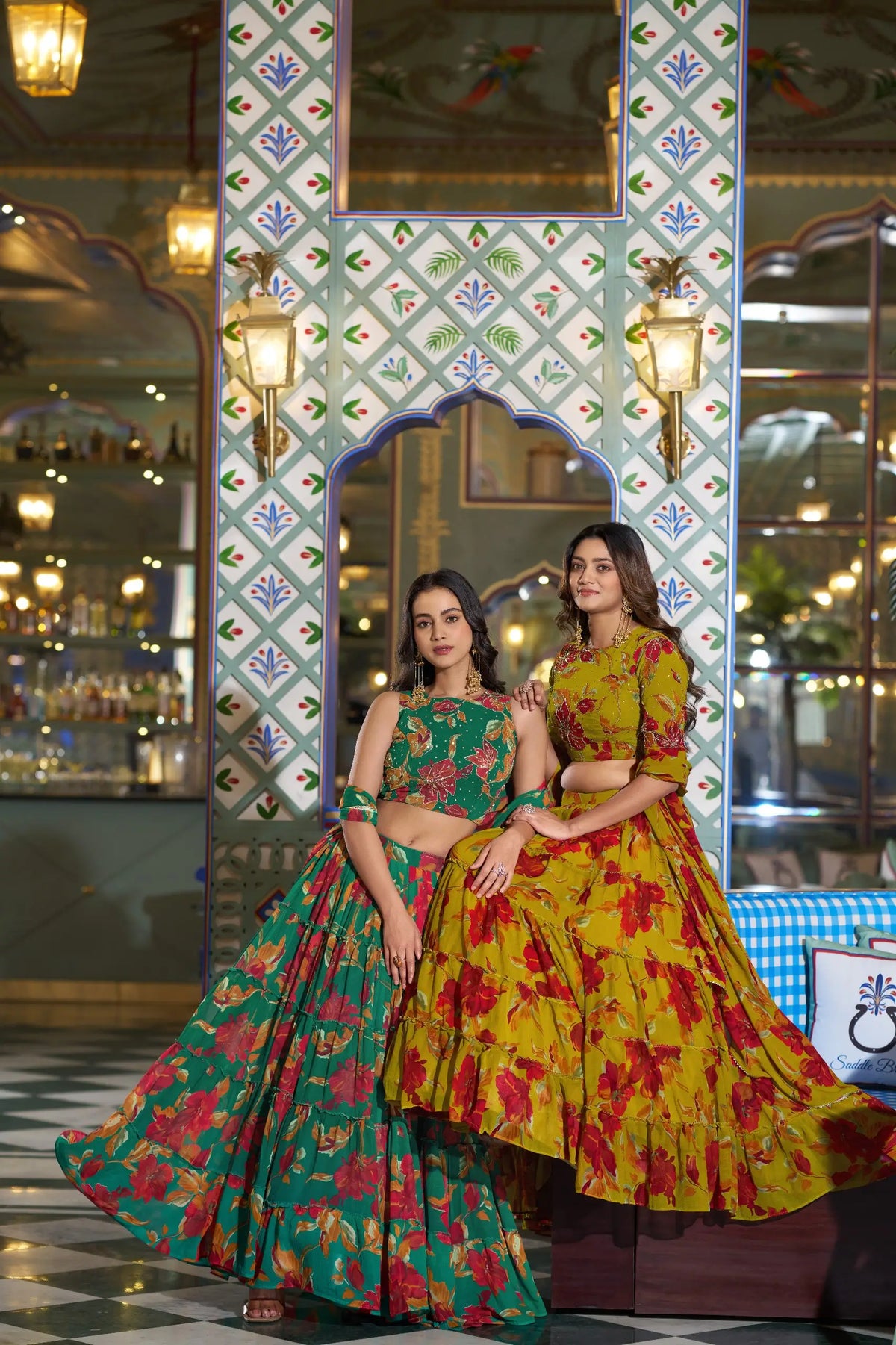 Floral Marble Fabric Tiered Lehenga Set