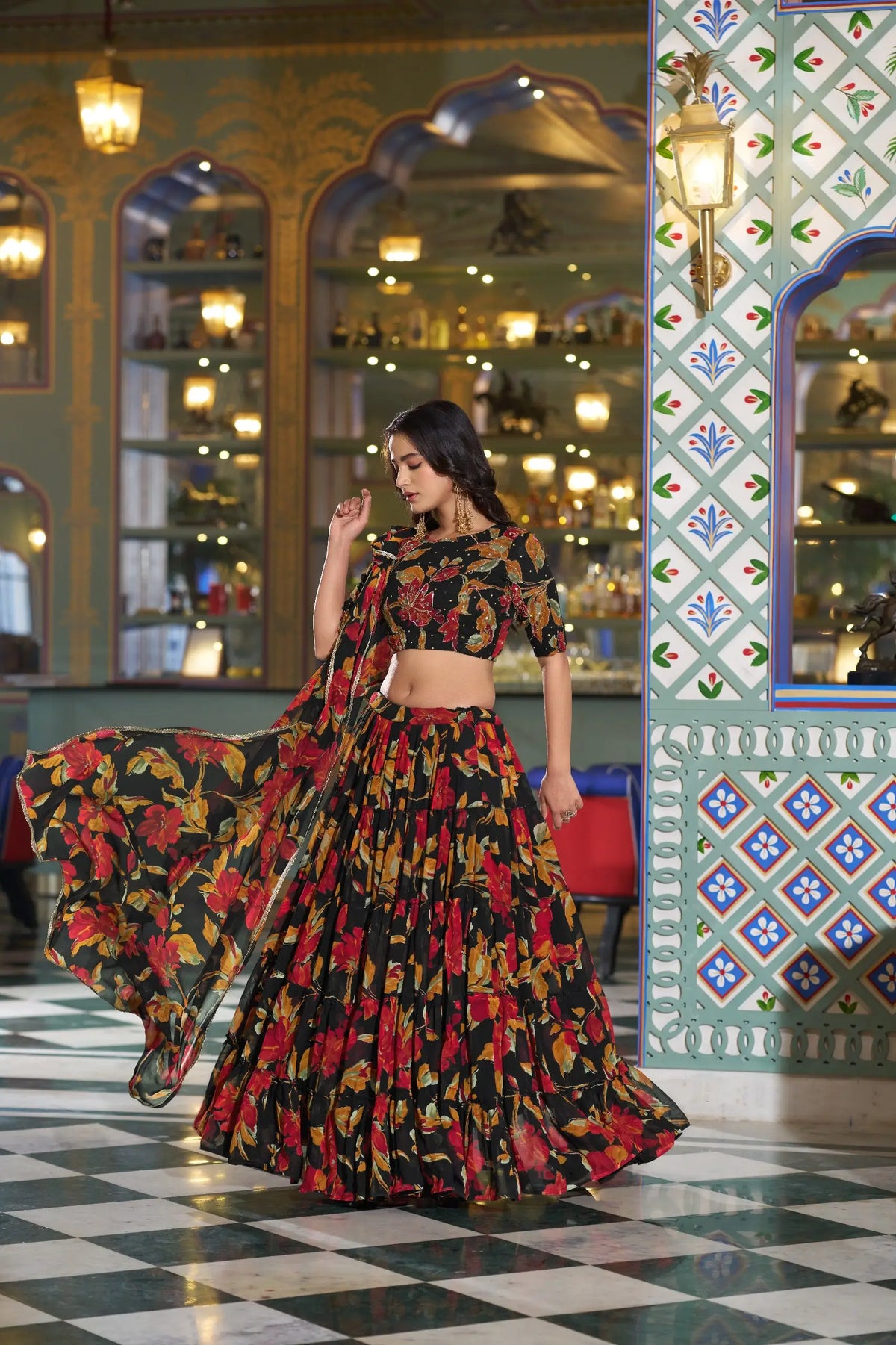 Floral Marble Fabric Tiered Lehenga Set
