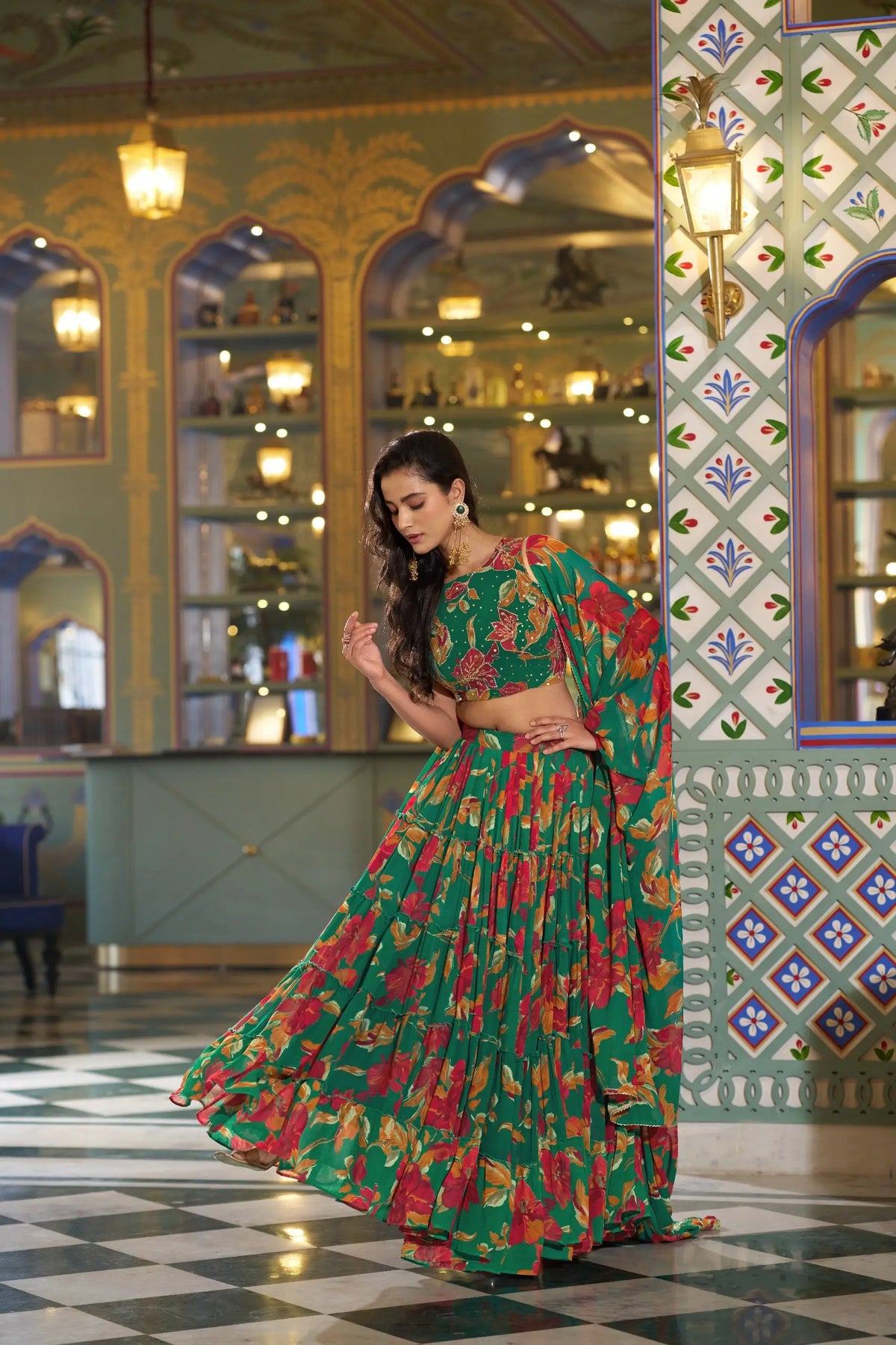 Floral Marble Fabric Tiered Lehenga Set