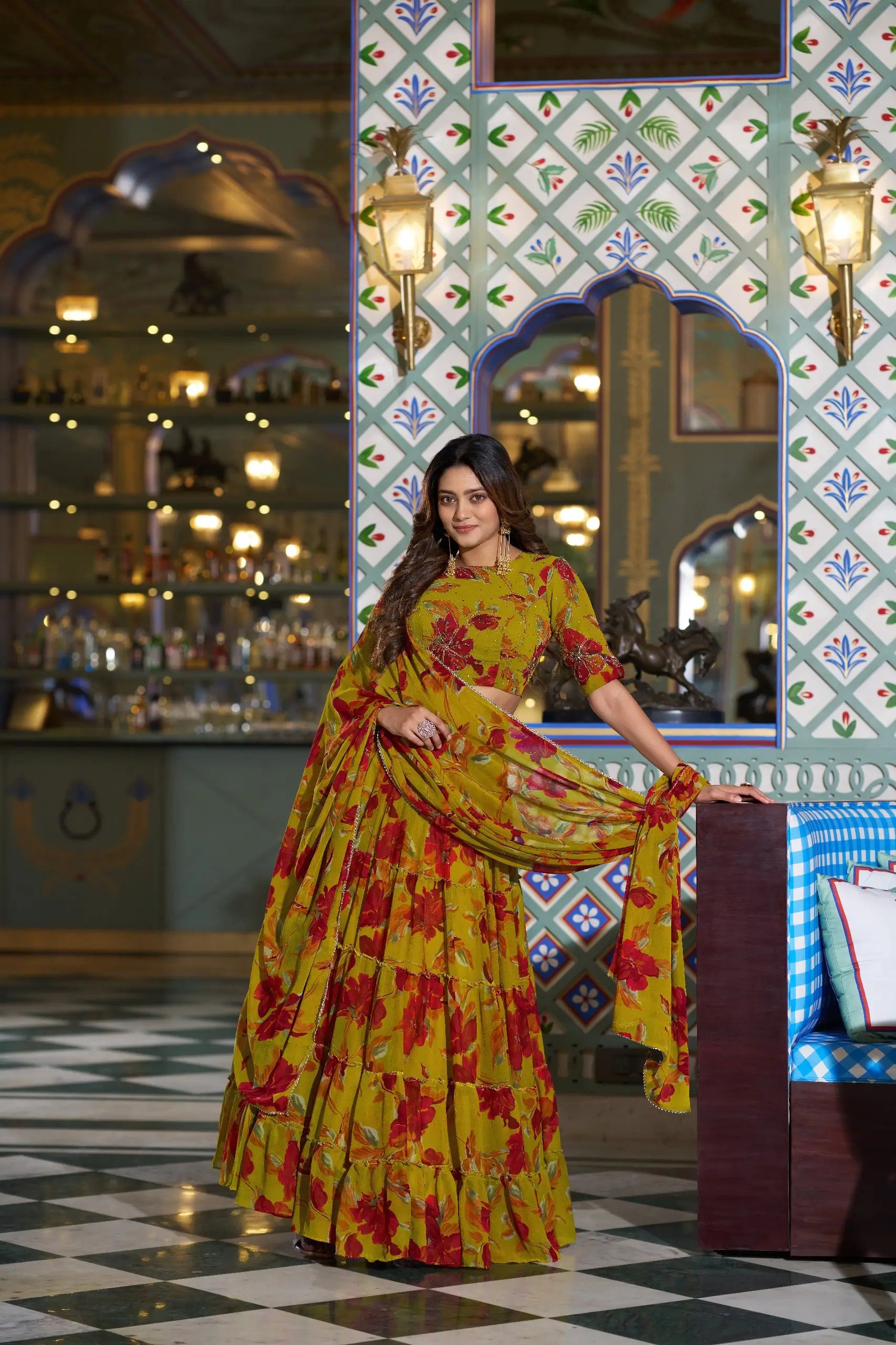 Floral Marble Fabric Tiered Lehenga Set