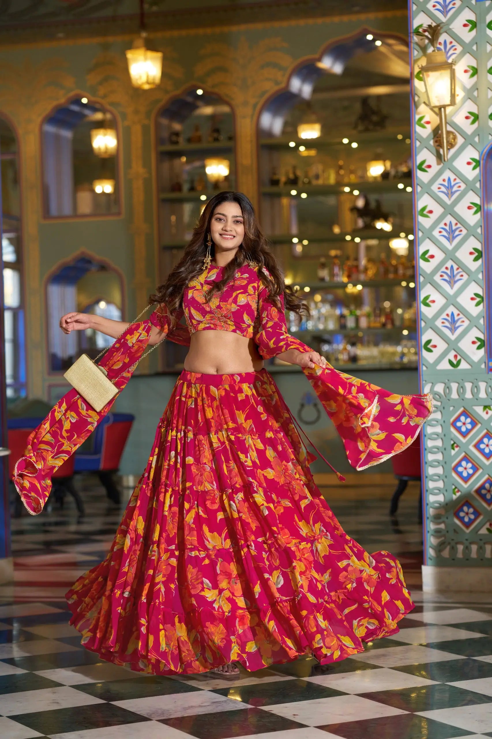 Floral Marble Fabric Tiered Lehenga Set