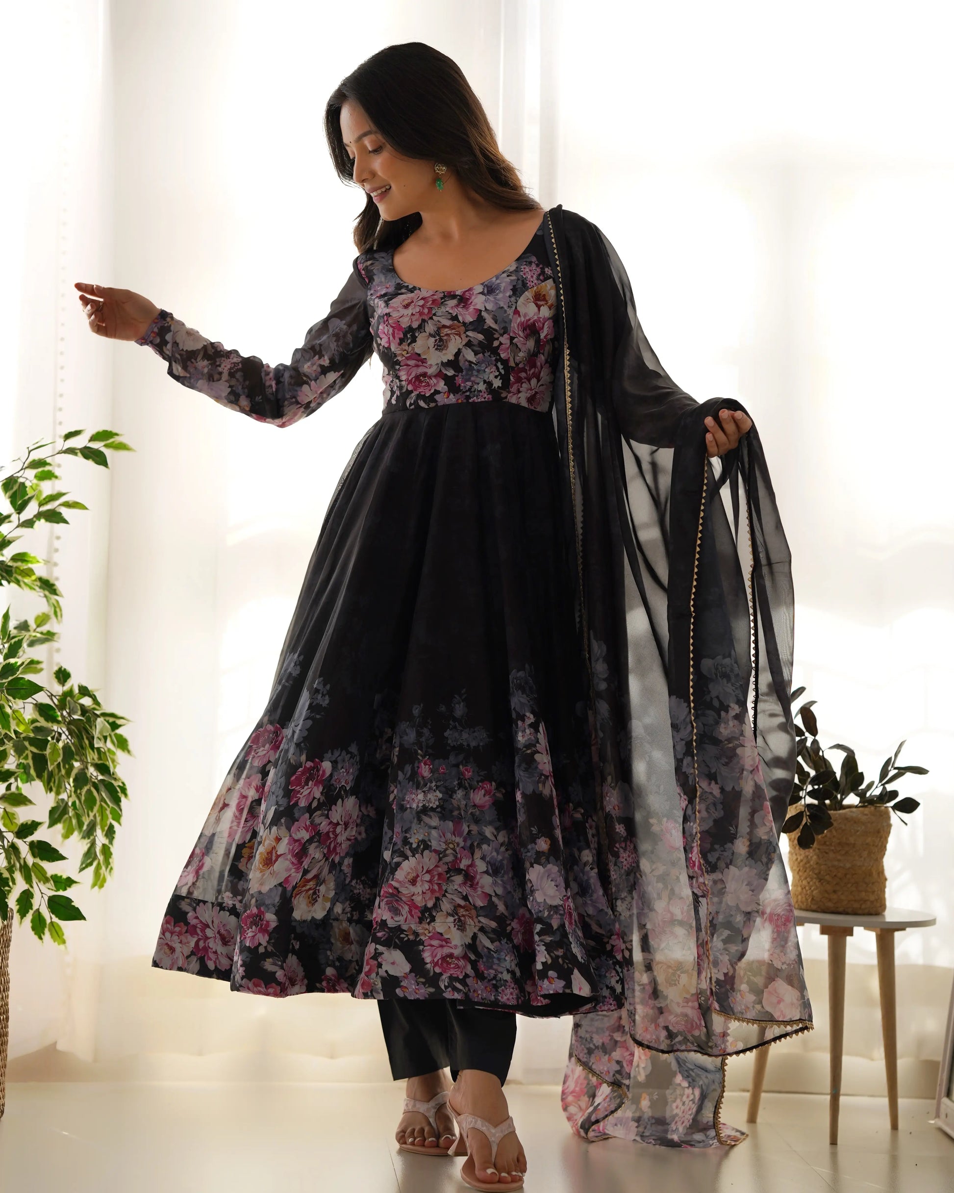 Floral Organza Silk Anarkali Set with Gota Patti Dupatta