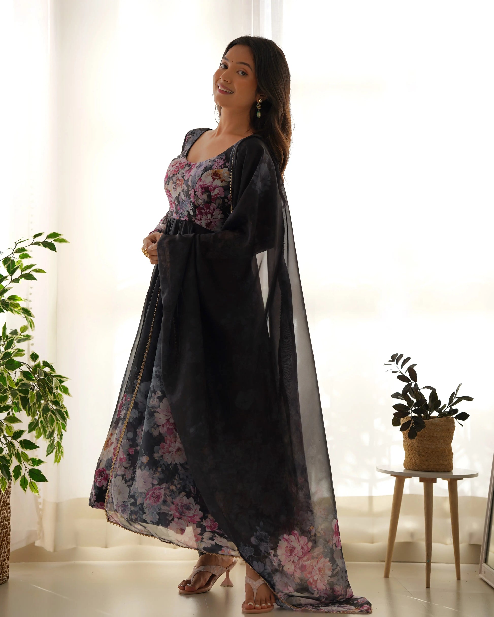 Floral Organza Silk Anarkali Set with Gota Patti Dupatta