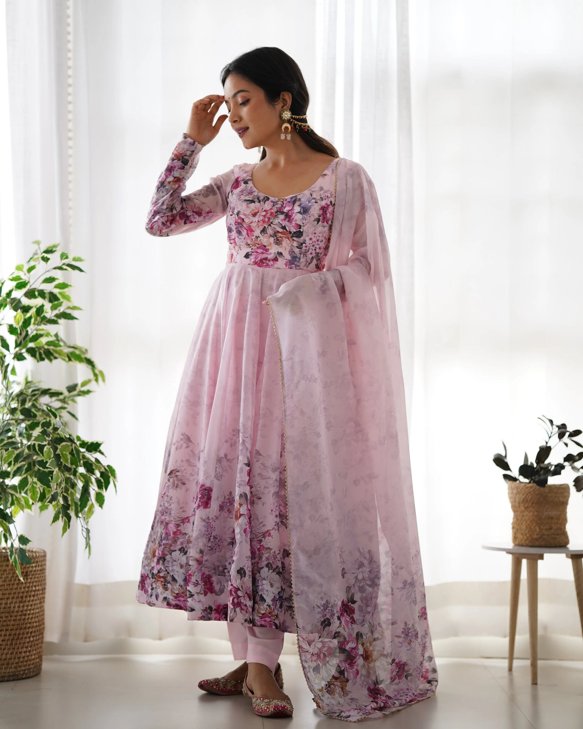 Floral Organza Silk Anarkali Set with Gota Patti Dupatta