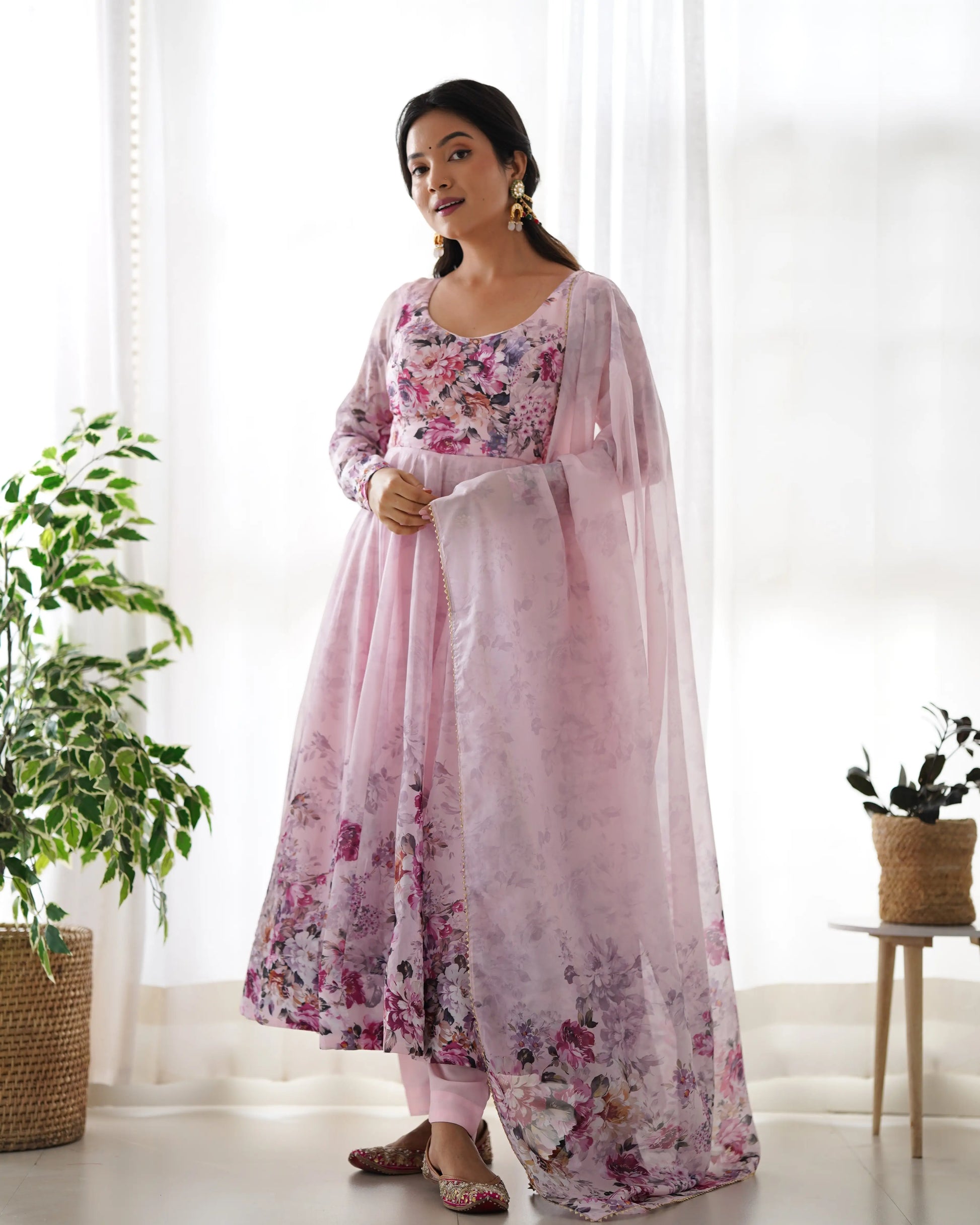 Floral Organza Silk Anarkali Set with Gota Patti Dupatta