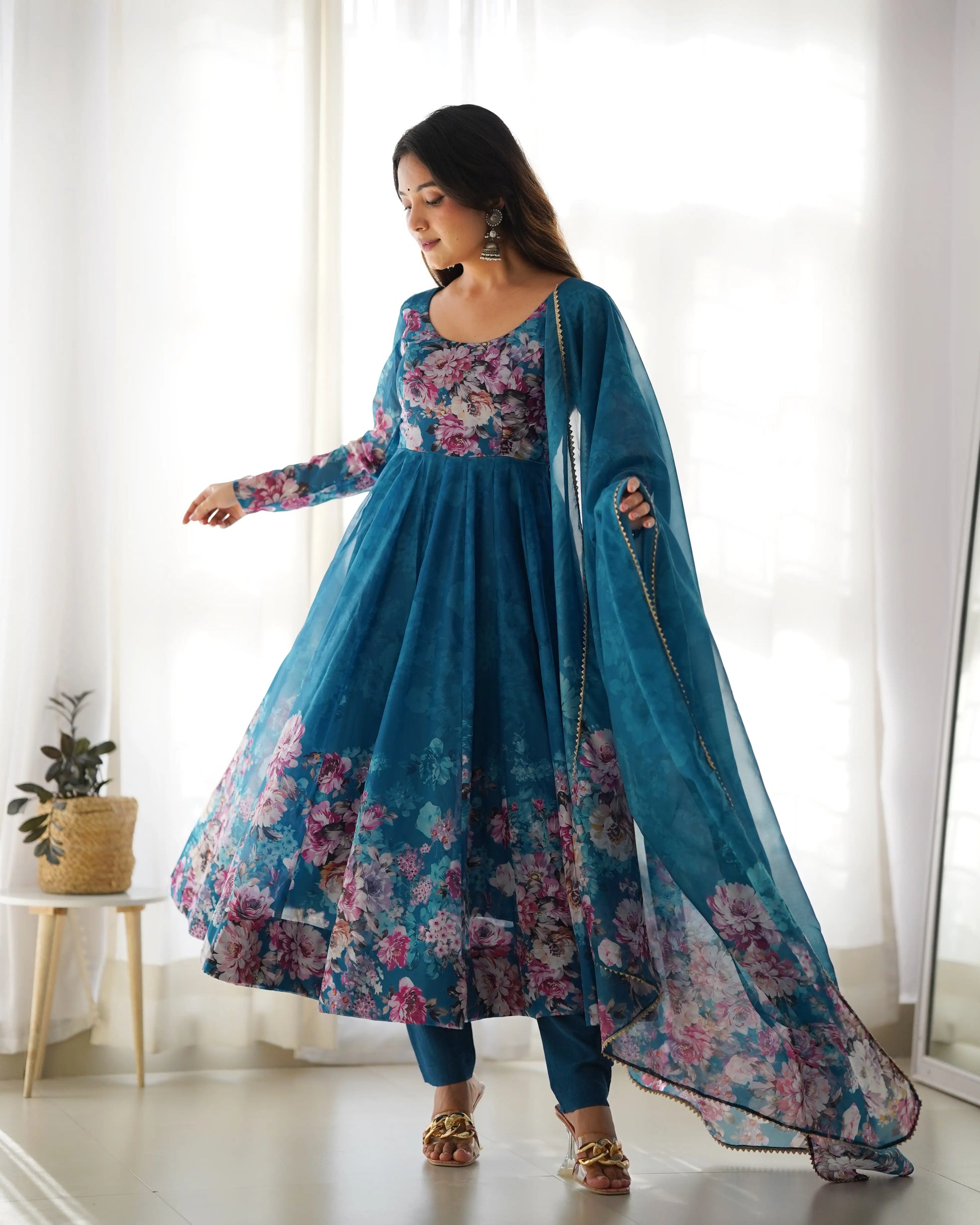 Floral Organza Silk Anarkali Set with Gota Patti Dupatta