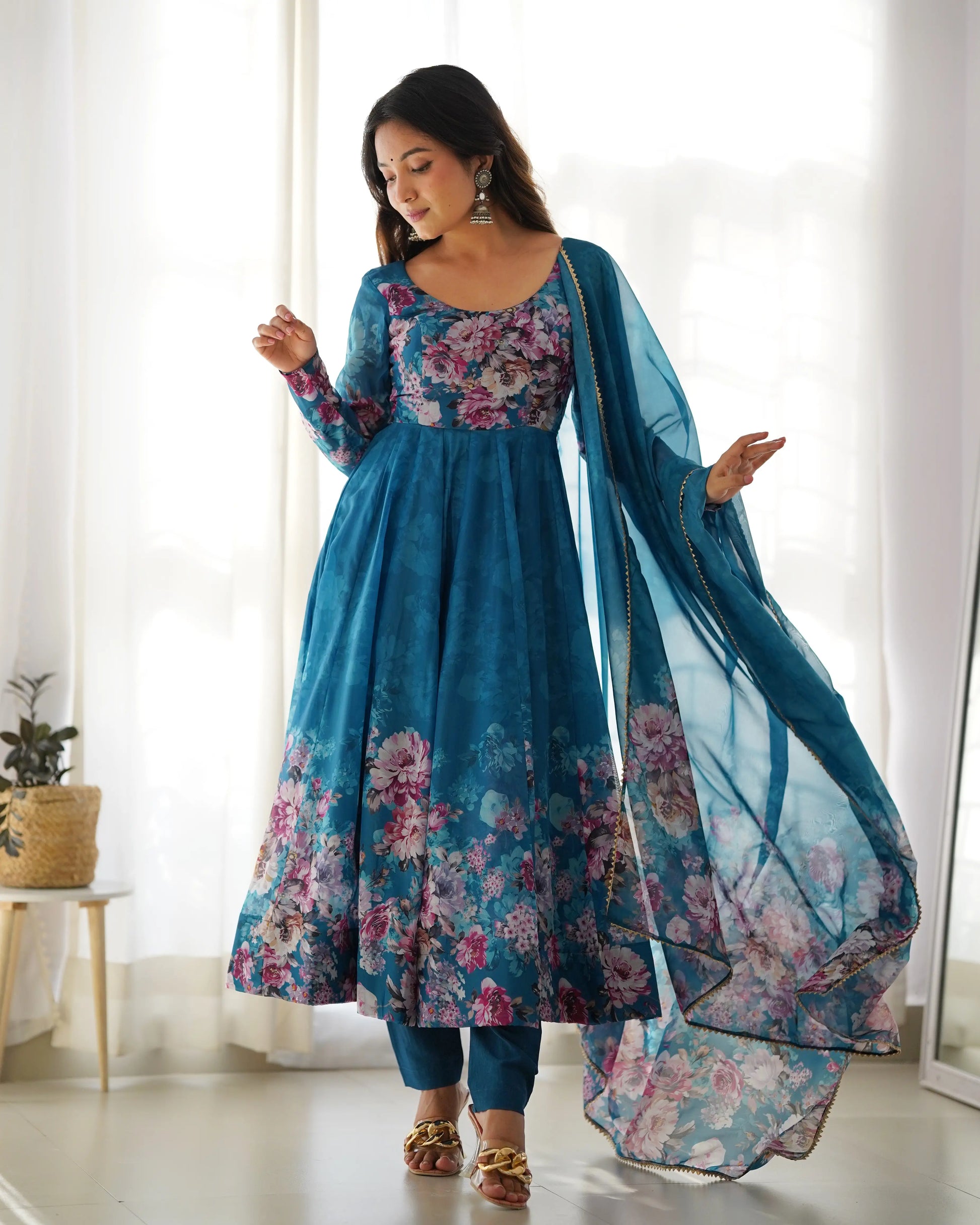 Floral Organza Silk Anarkali Set with Gota Patti Dupatta