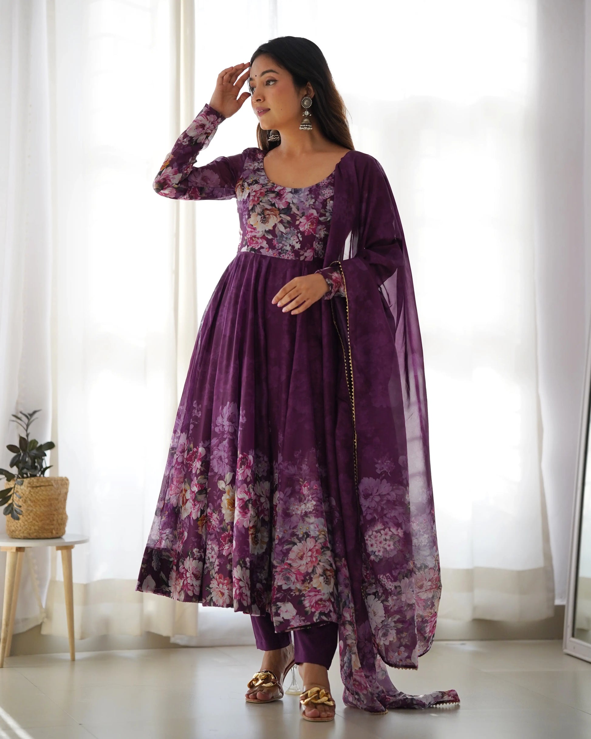 Floral Organza Silk Anarkali Set with Gota Patti Dupatta