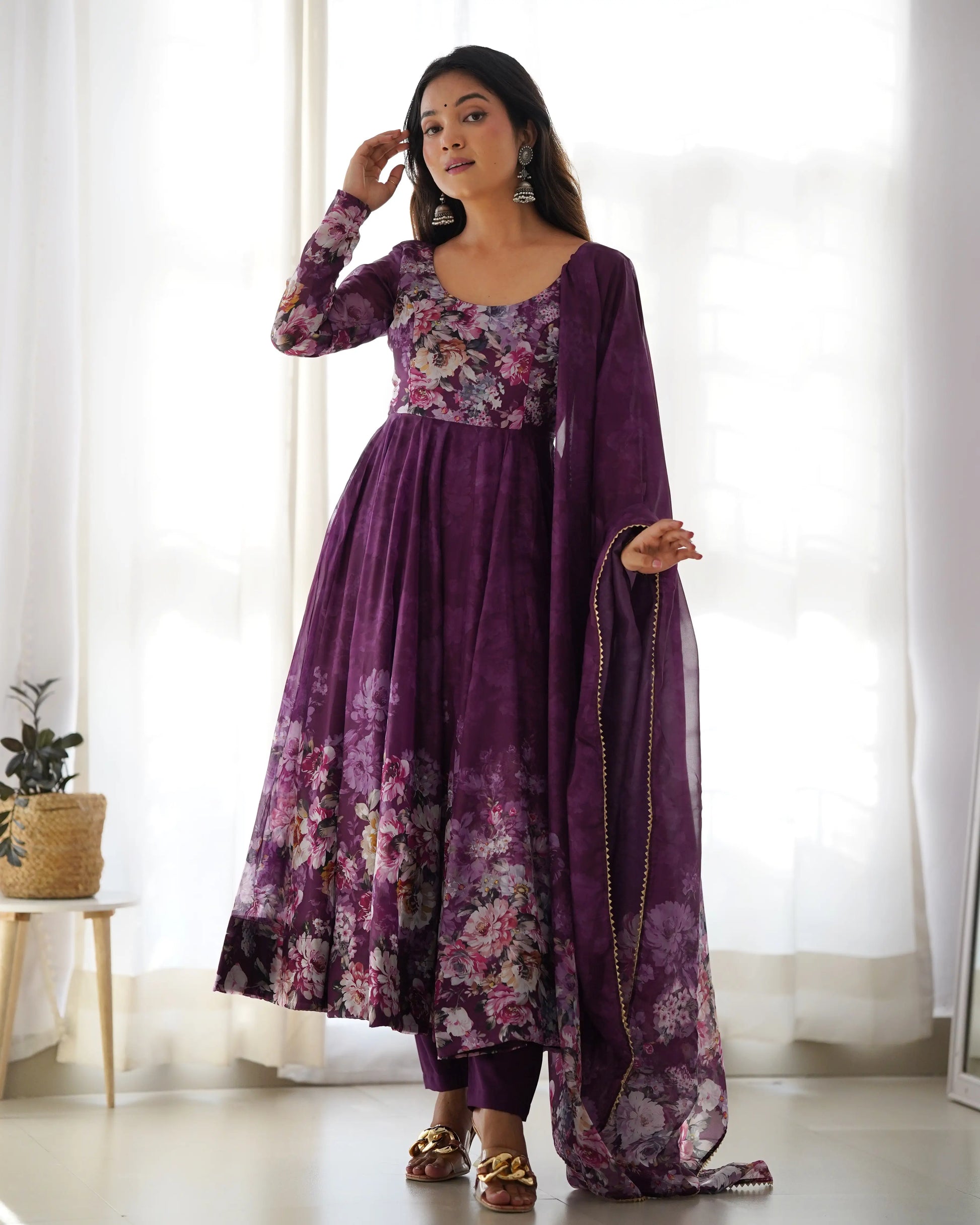 Floral Organza Silk Anarkali Set with Gota Patti Dupatta