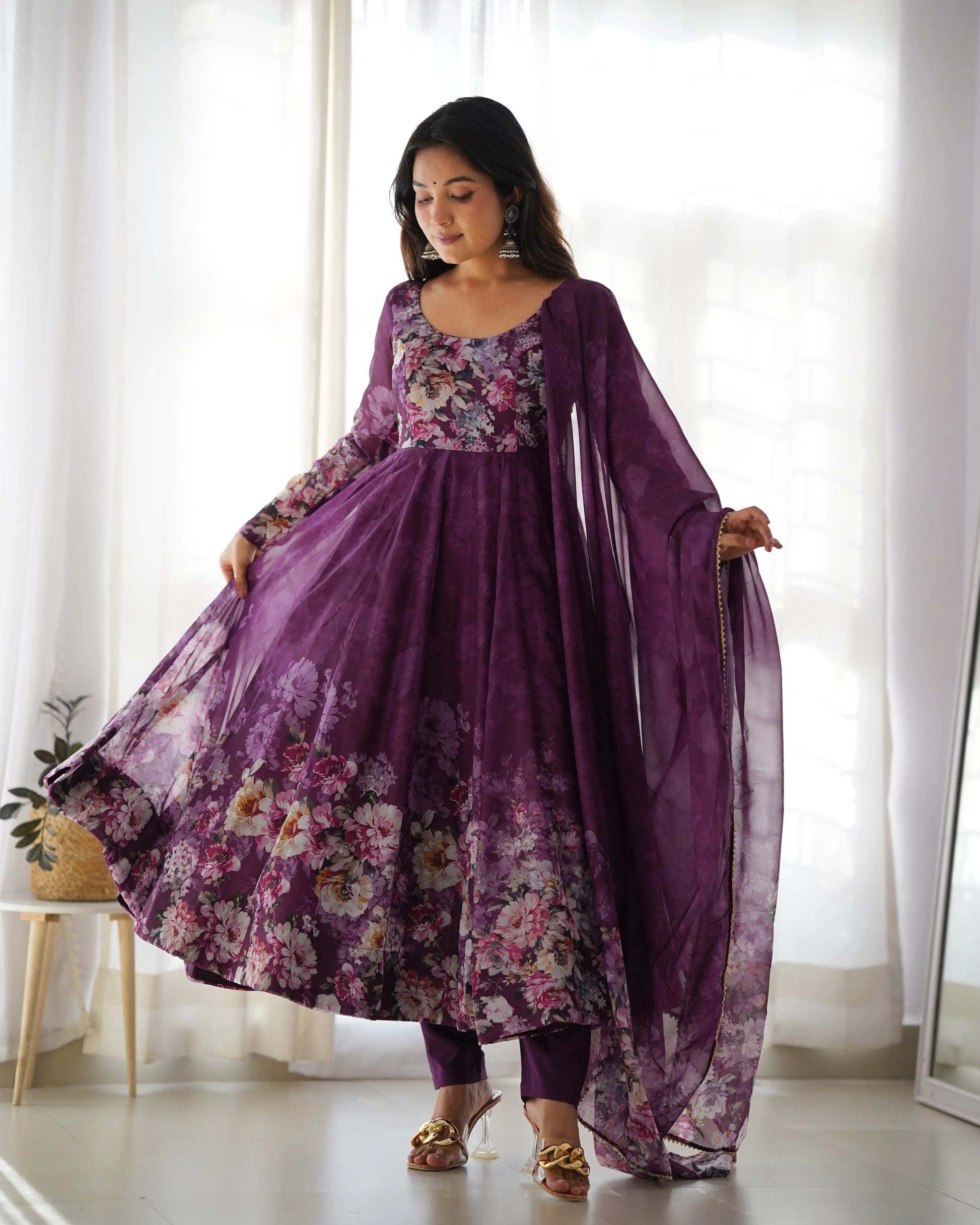 Floral Organza Silk Anarkali Set with Gota Patti Dupatta