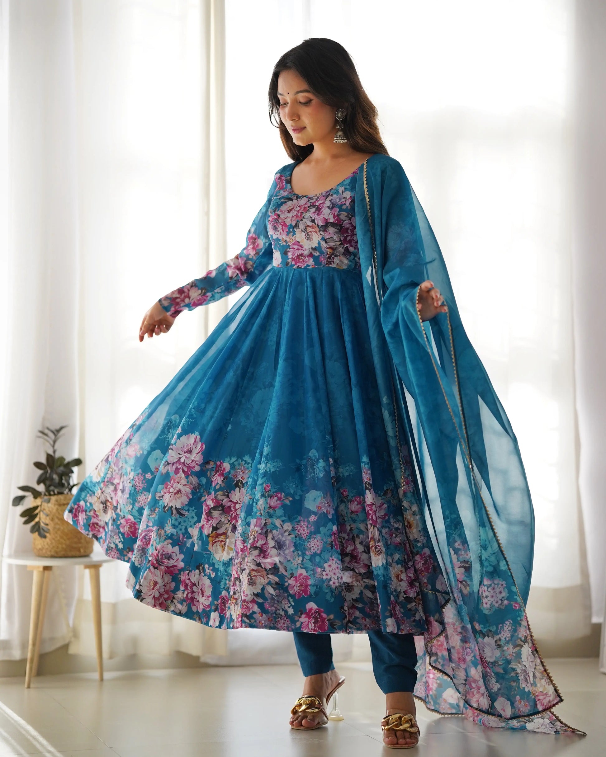 Floral Organza Silk Anarkali Set with Gota Patti Dupatta