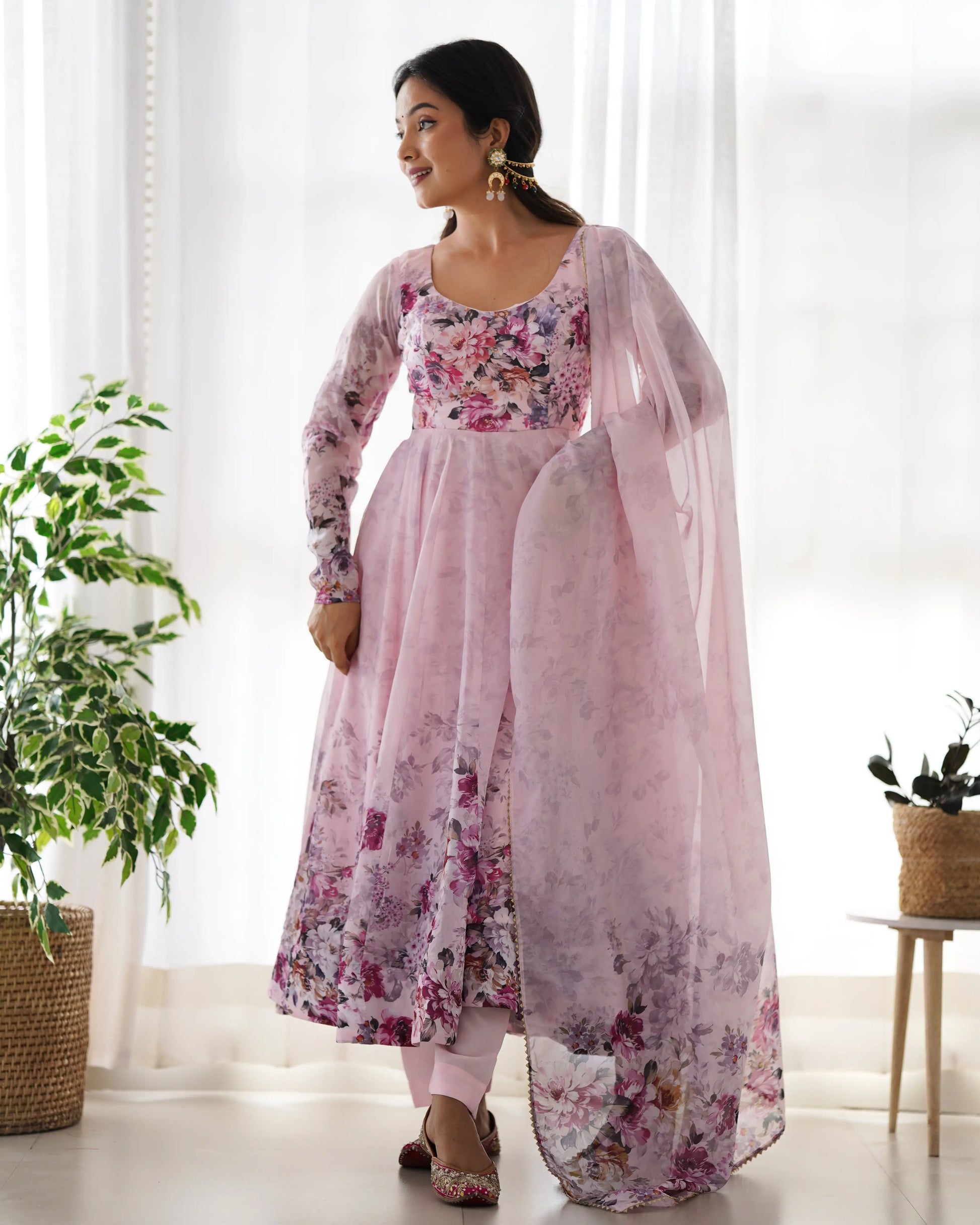 Floral Organza Silk Anarkali Set with Gota Patti Dupatta
