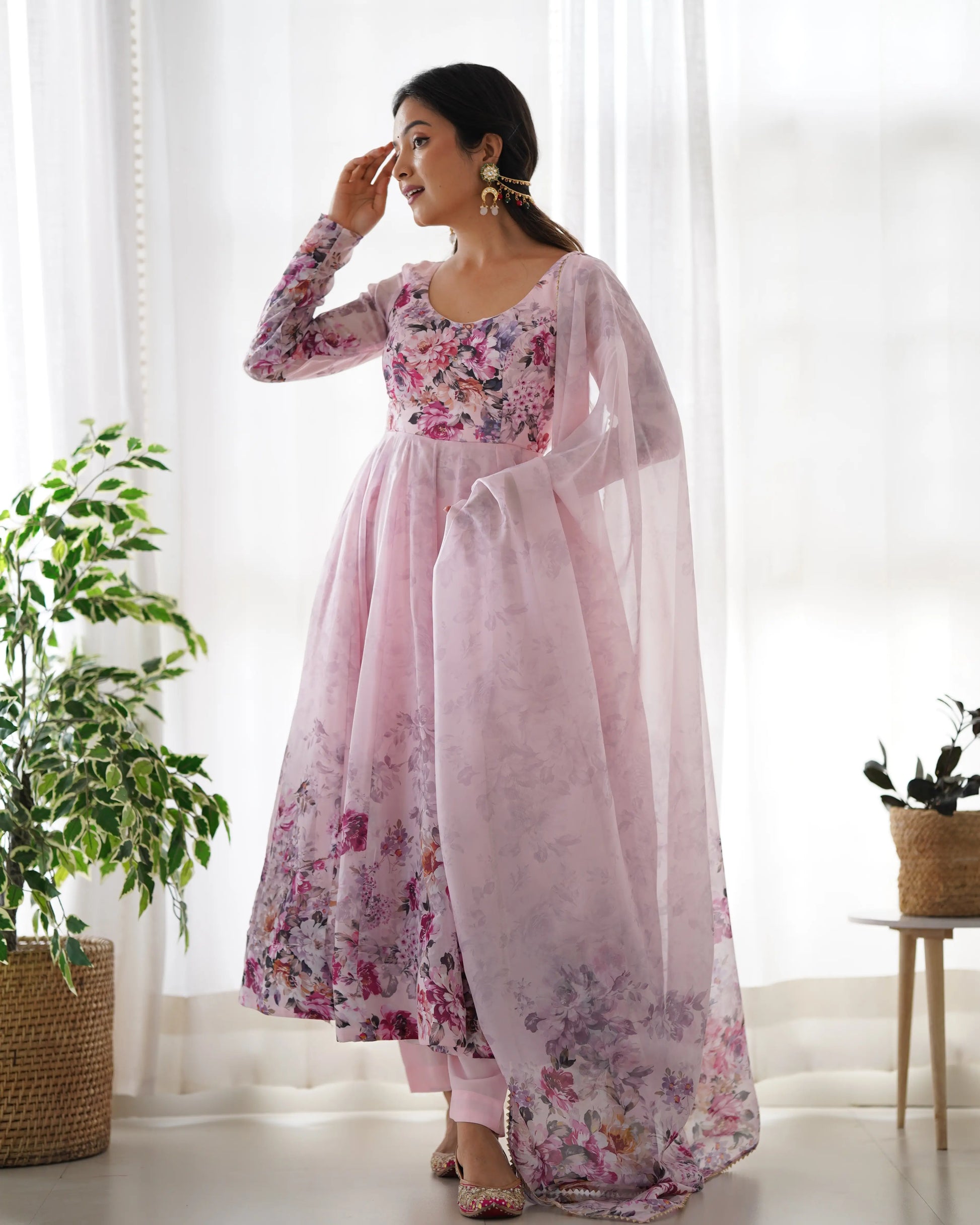 Floral Organza Silk Anarkali Set with Gota Patti Dupatta
