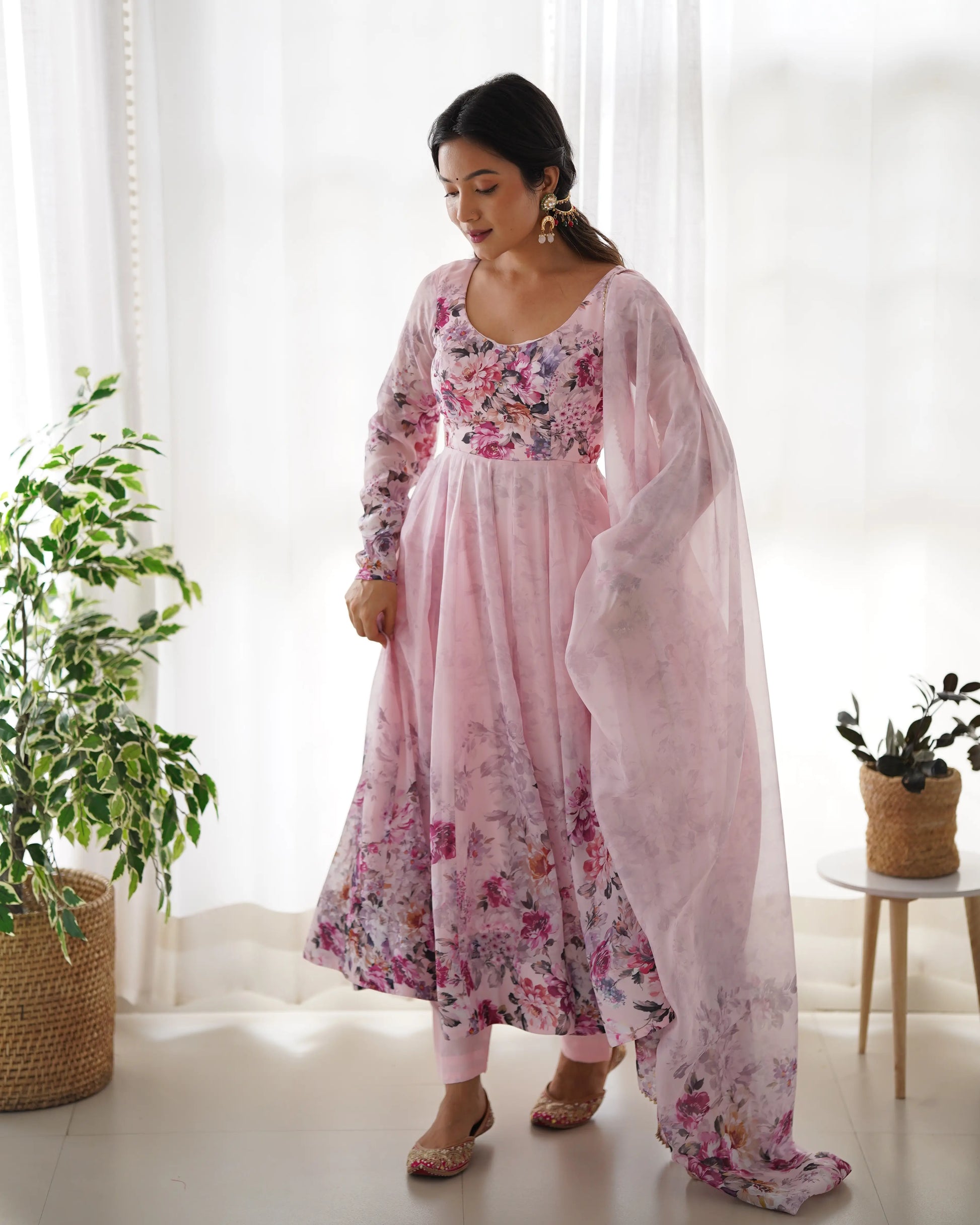 Floral Organza Silk Anarkali Set with Gota Patti Dupatta