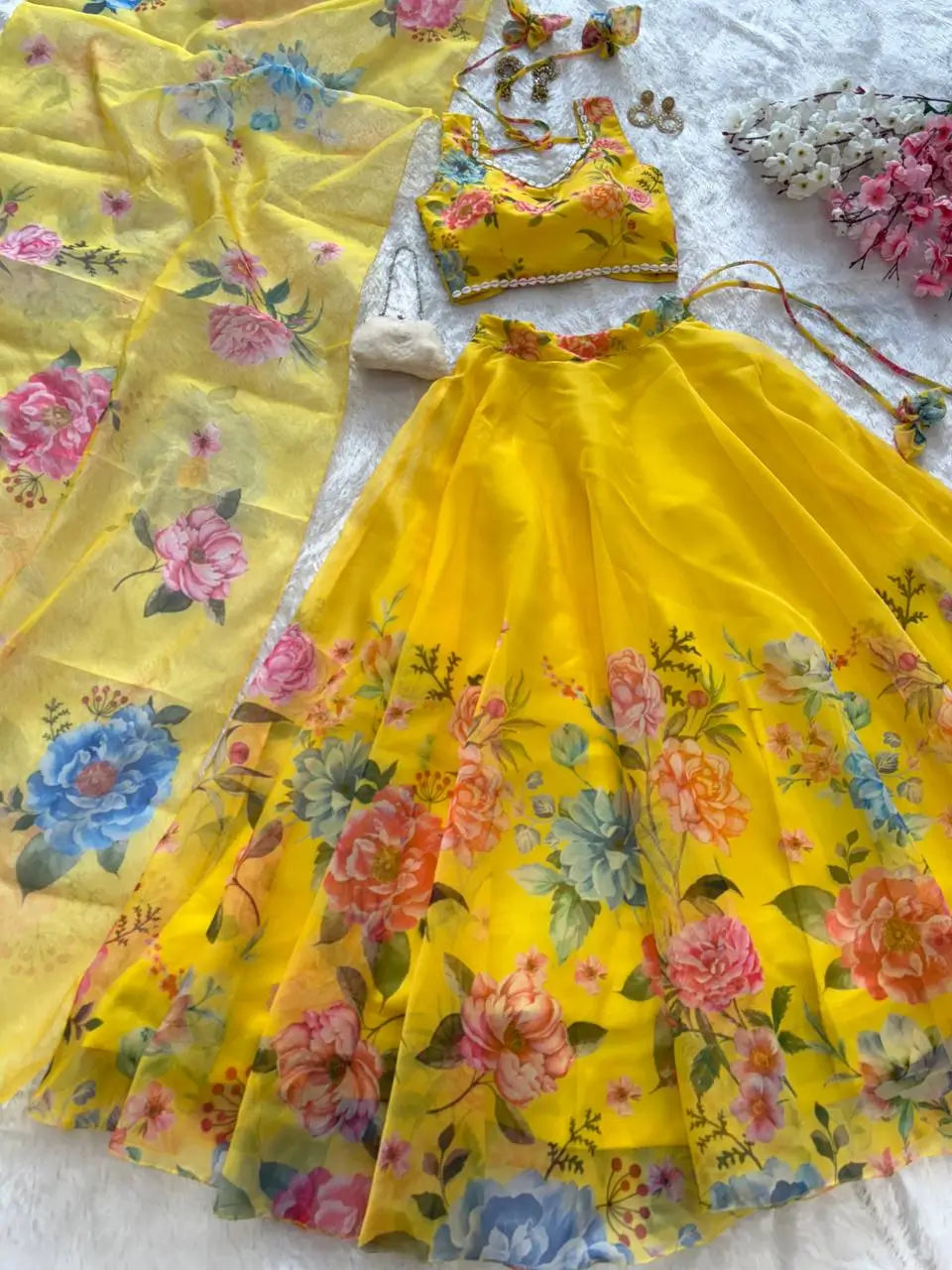 Floral Organza Silk Lehenga Set with Dupatta