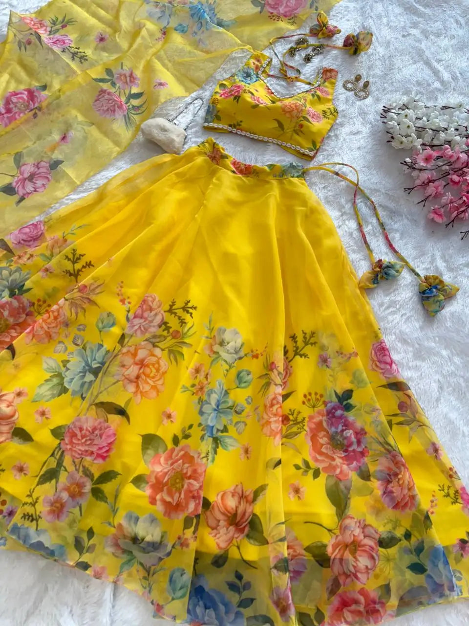 Floral Organza Silk Lehenga Set with Dupatta