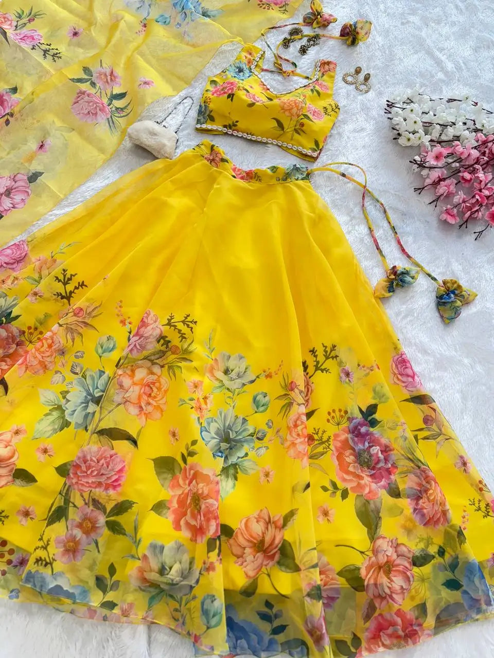 Floral Organza Silk Lehenga Set with Dupatta