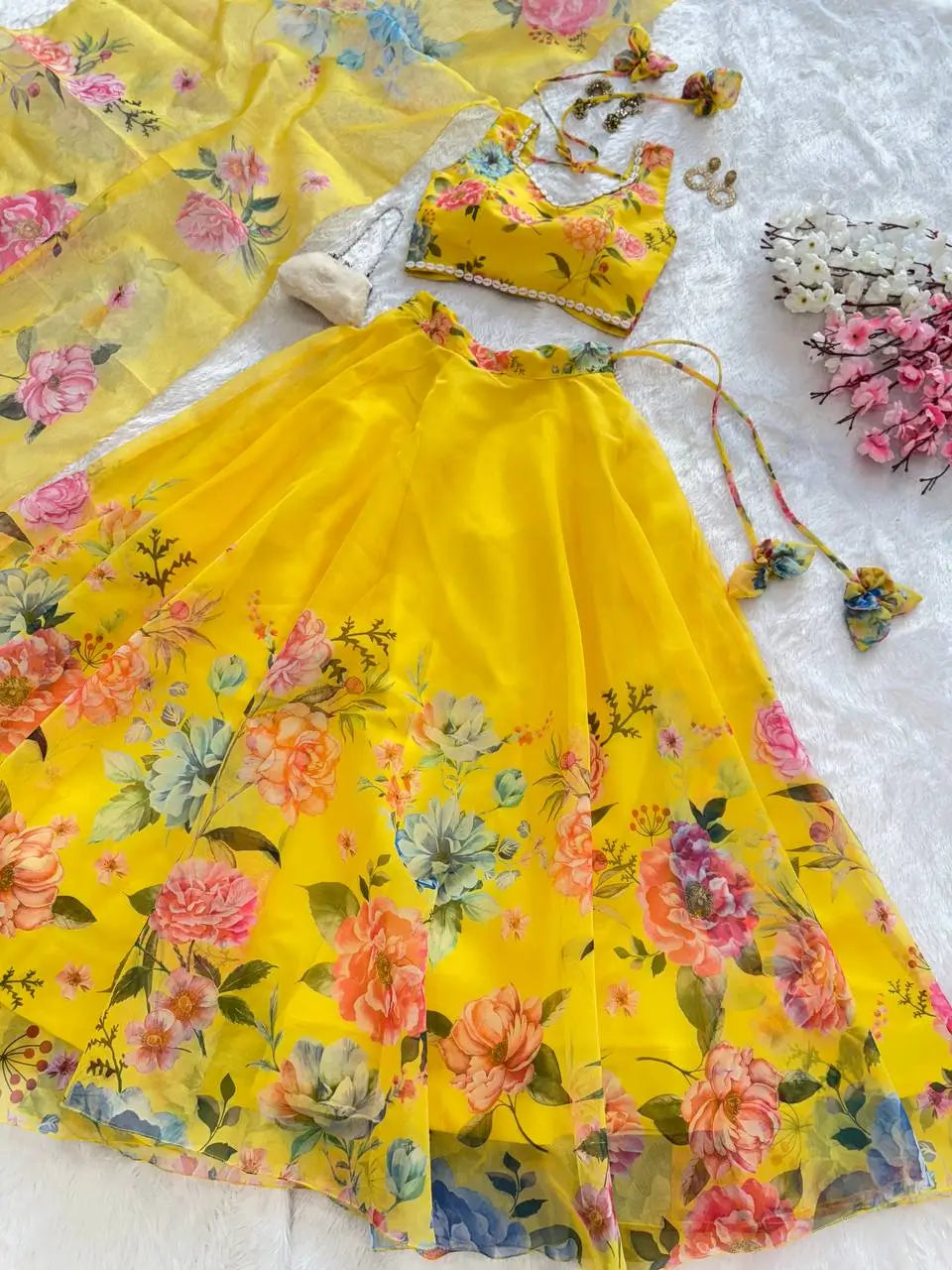 Floral Organza Silk Lehenga Set with Dupatta