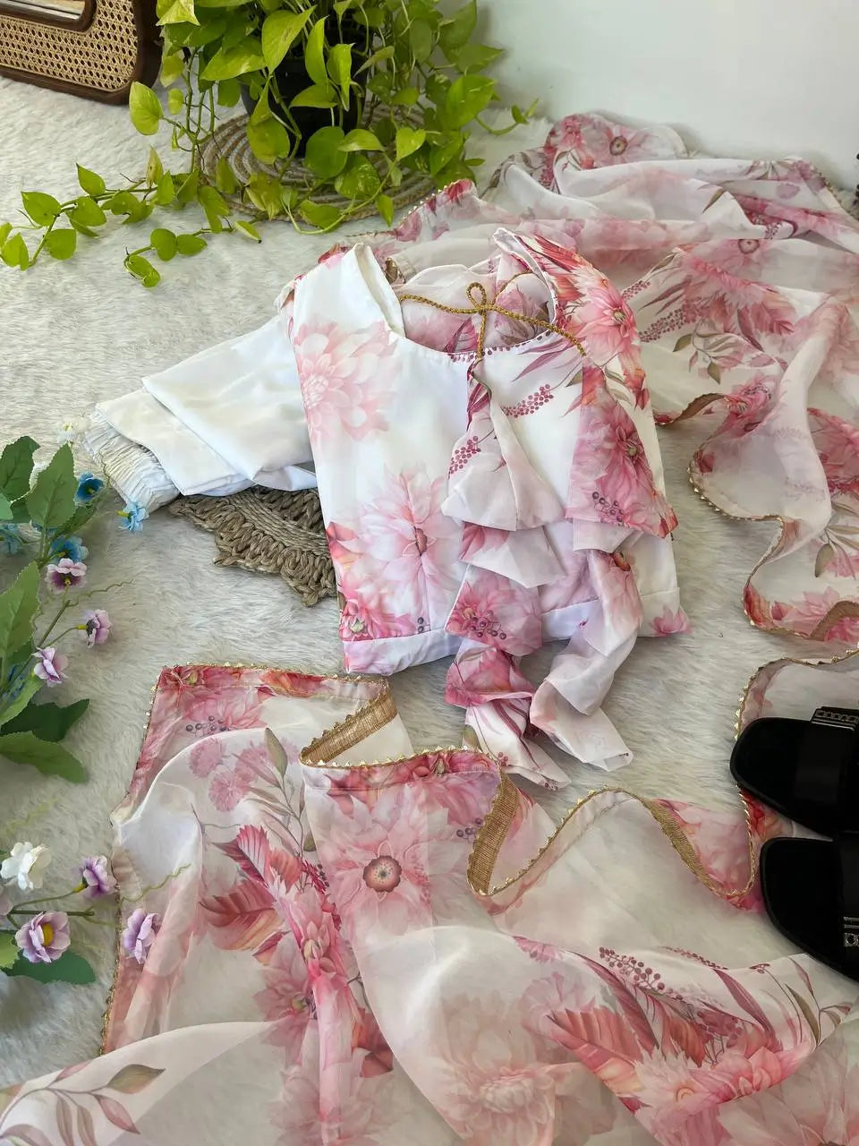 Floral Organza Taby Silk Anarkali Gown Set with Dupatta