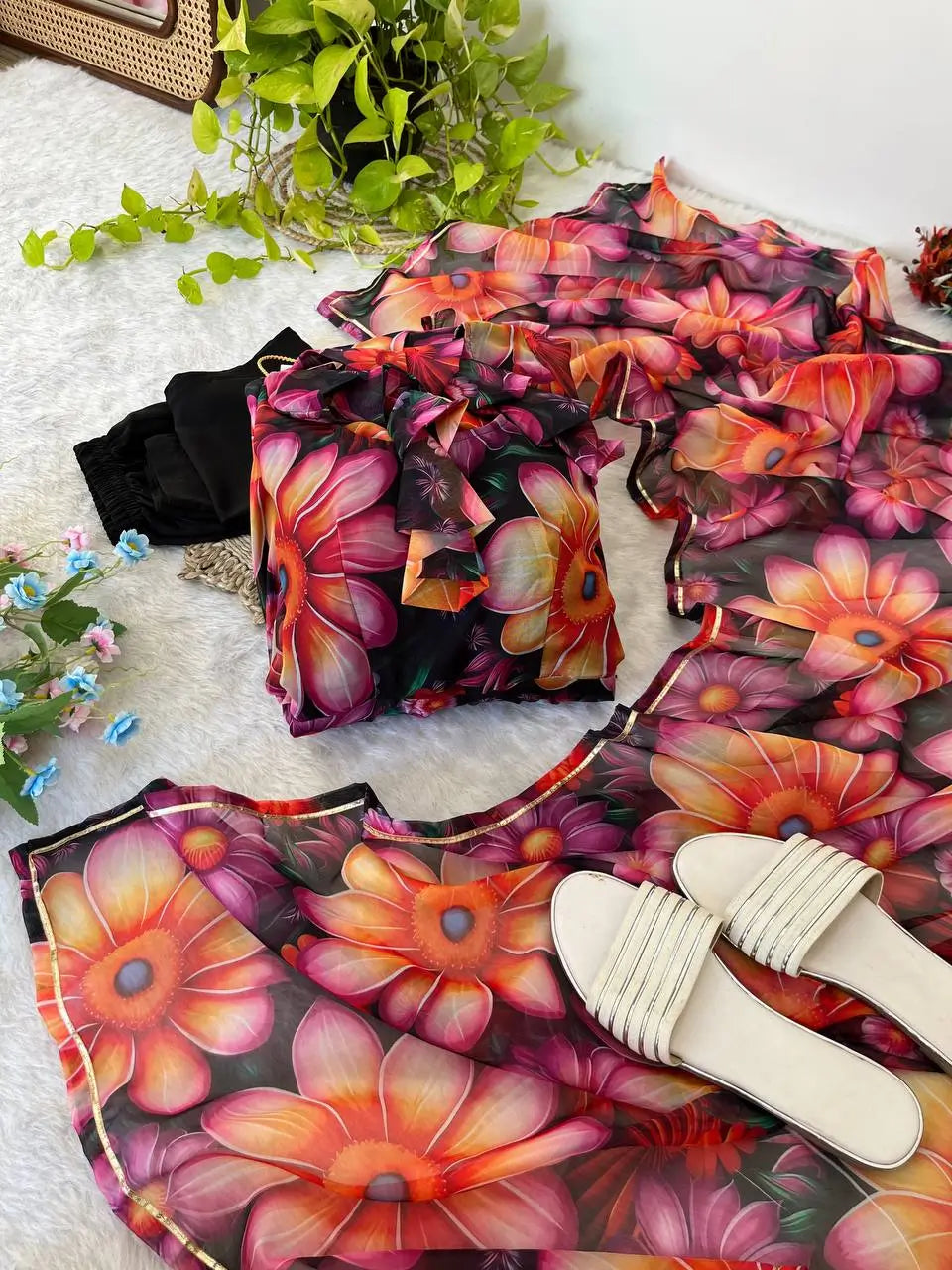 Floral Organza Taby Silk Anarkali Gown Set with Dupatta