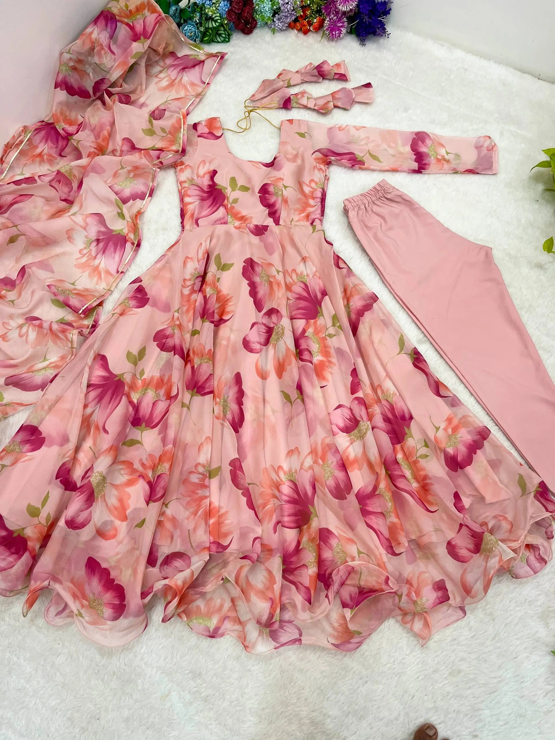 Floral Organza Taby Silk Anarkali Gown Set with Dupatta