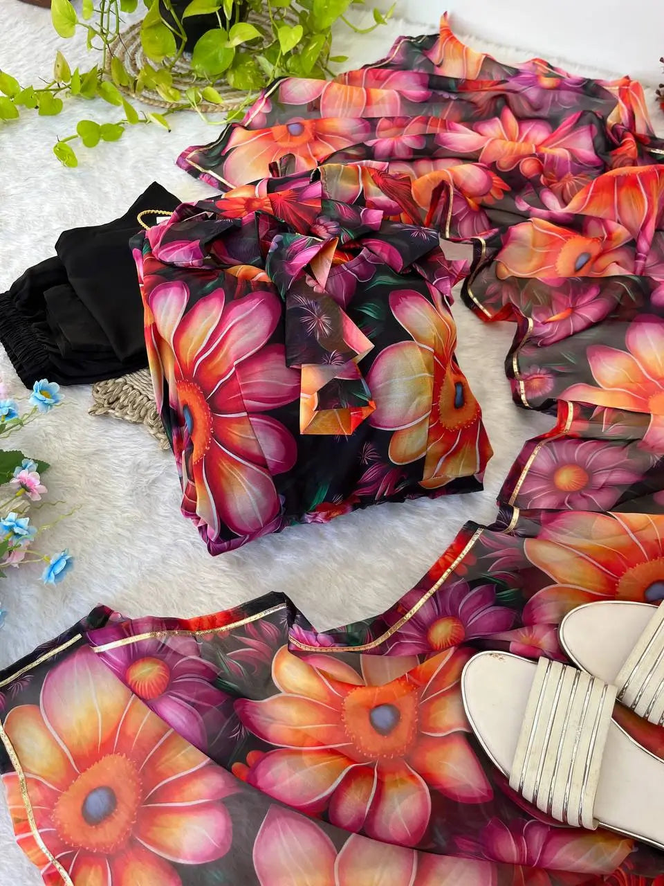 Floral Organza Taby Silk Anarkali Gown Set with Dupatta