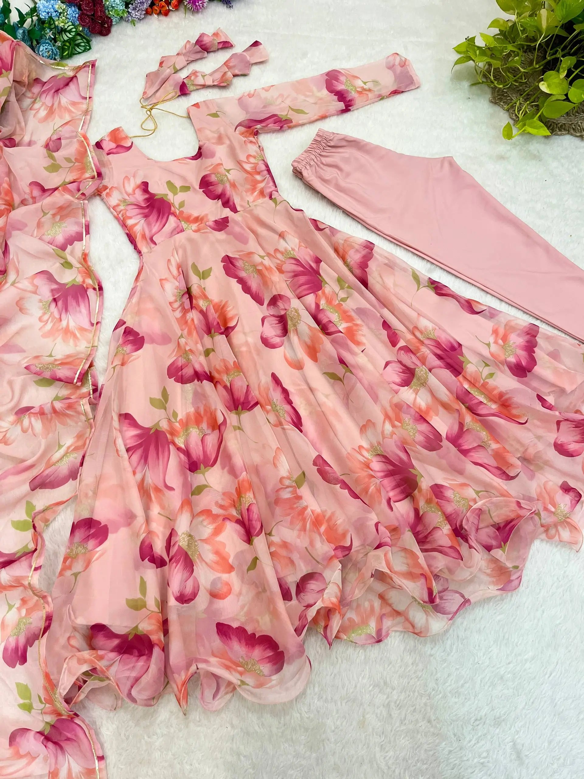 Floral Organza Taby Silk Anarkali Gown Set with Dupatta