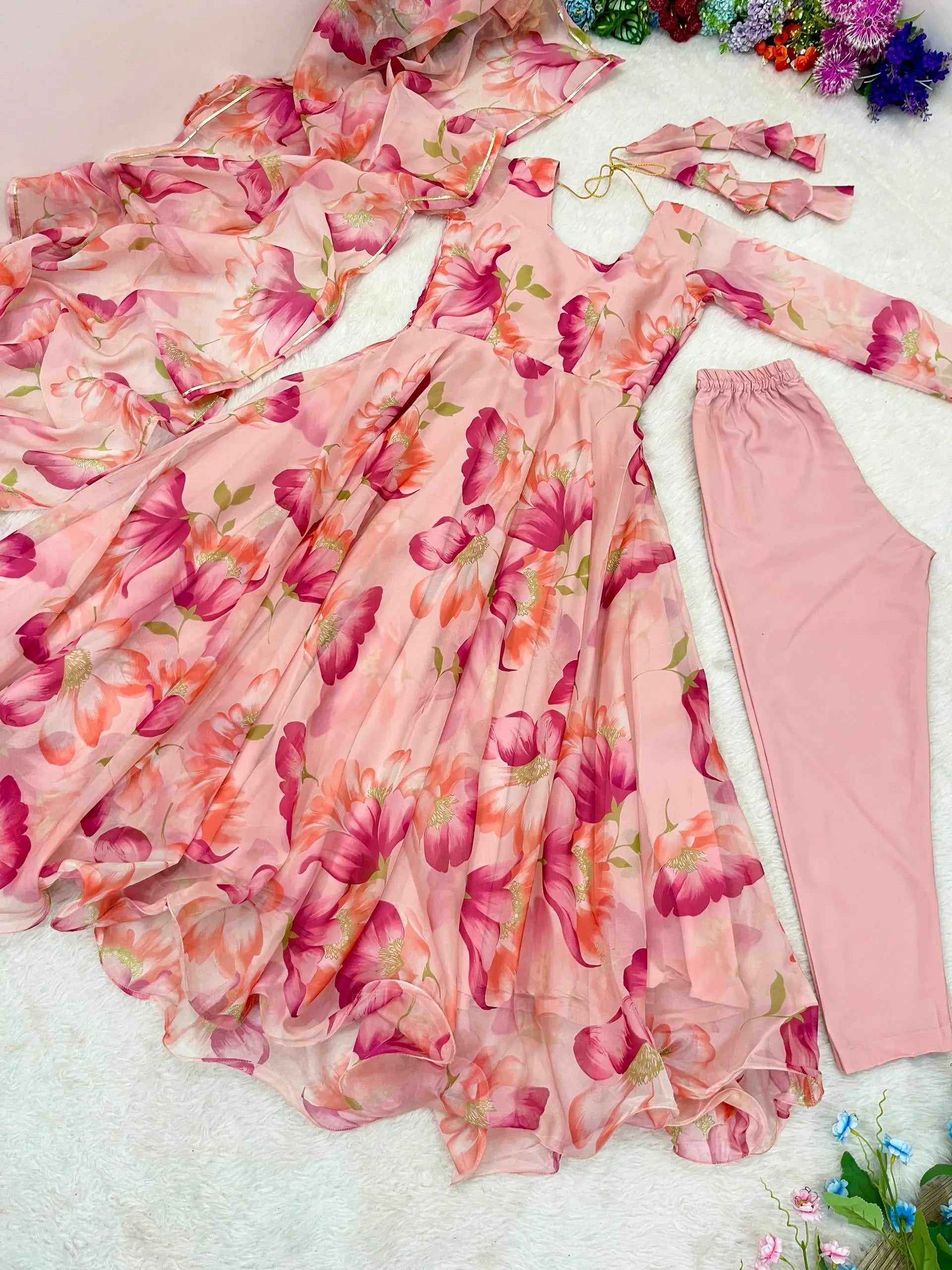 Floral Organza Taby Silk Anarkali Gown Set with Dupatta