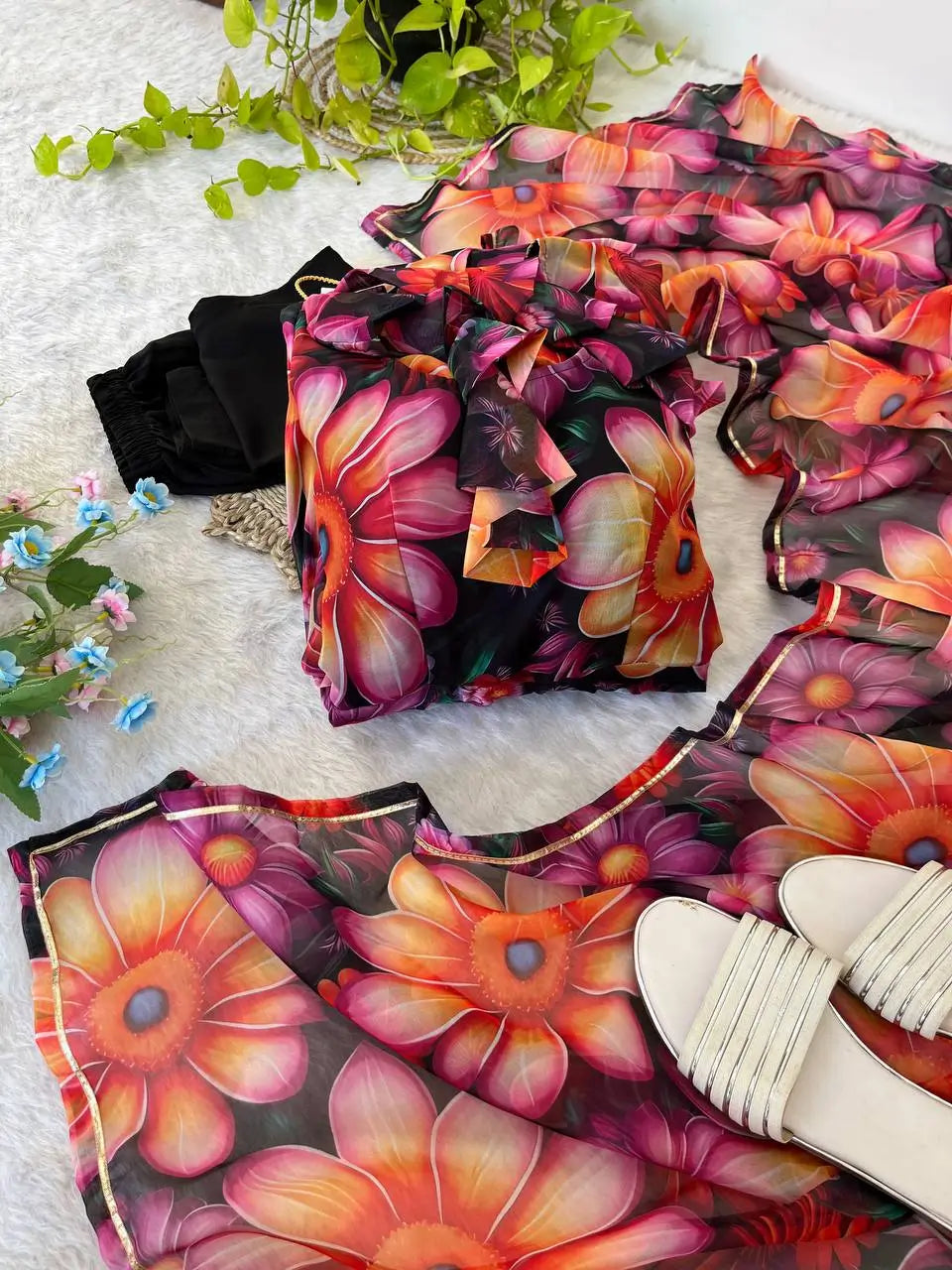 Floral Organza Taby Silk Anarkali Gown Set with Dupatta