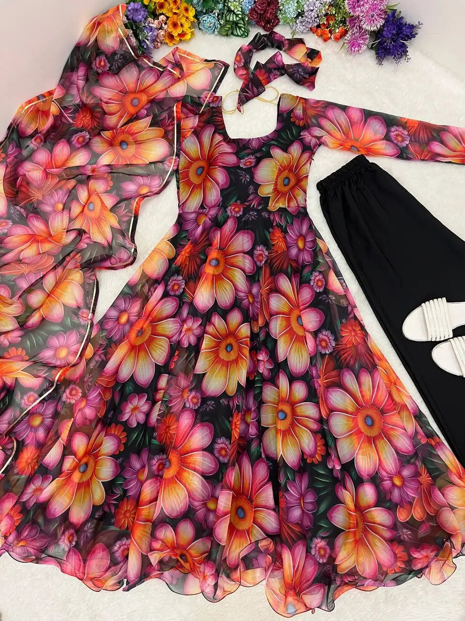 Floral Organza Taby Silk Anarkali Gown Set with Dupatta