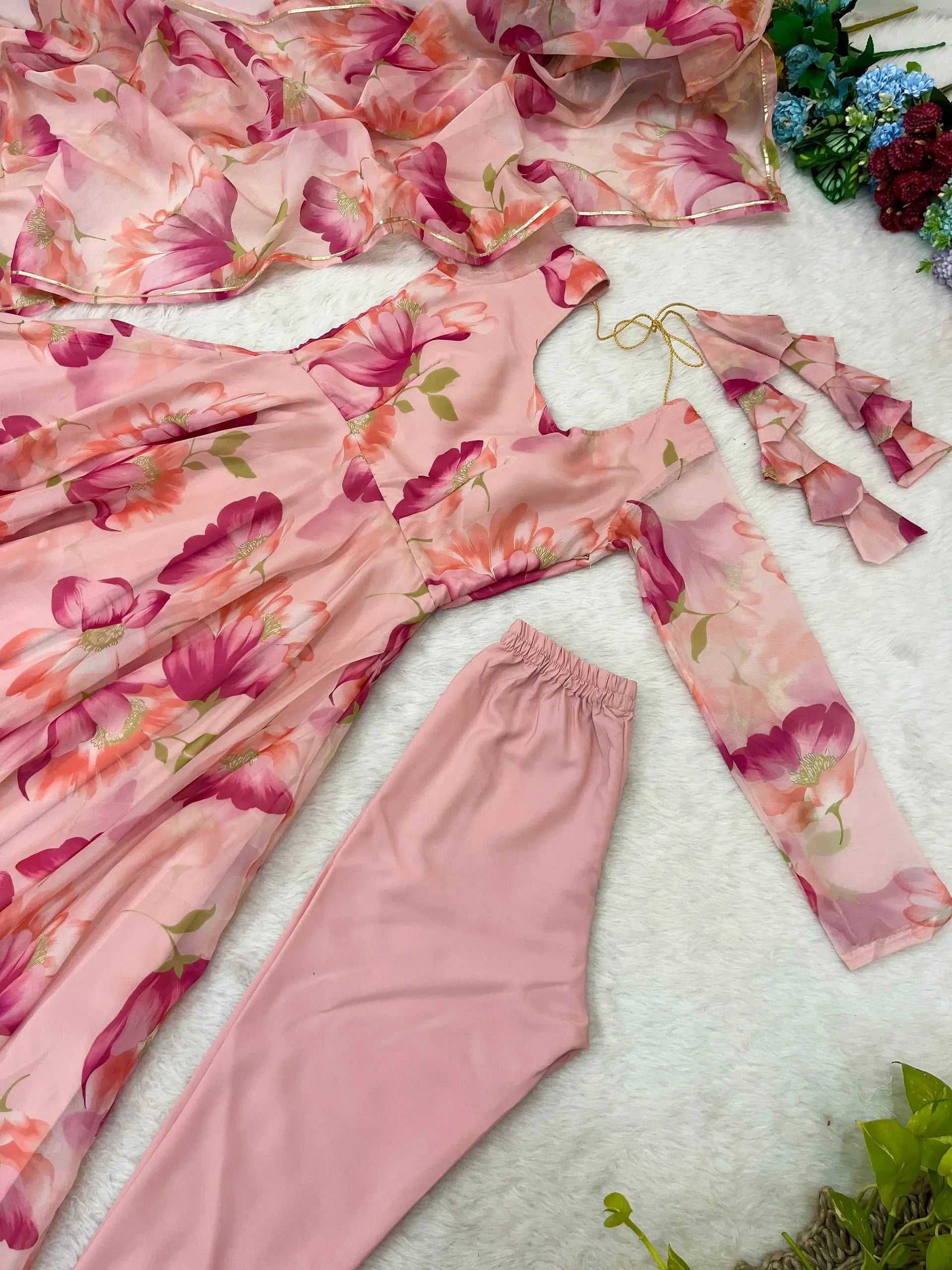 Floral Organza Taby Silk Anarkali Gown Set with Dupatta