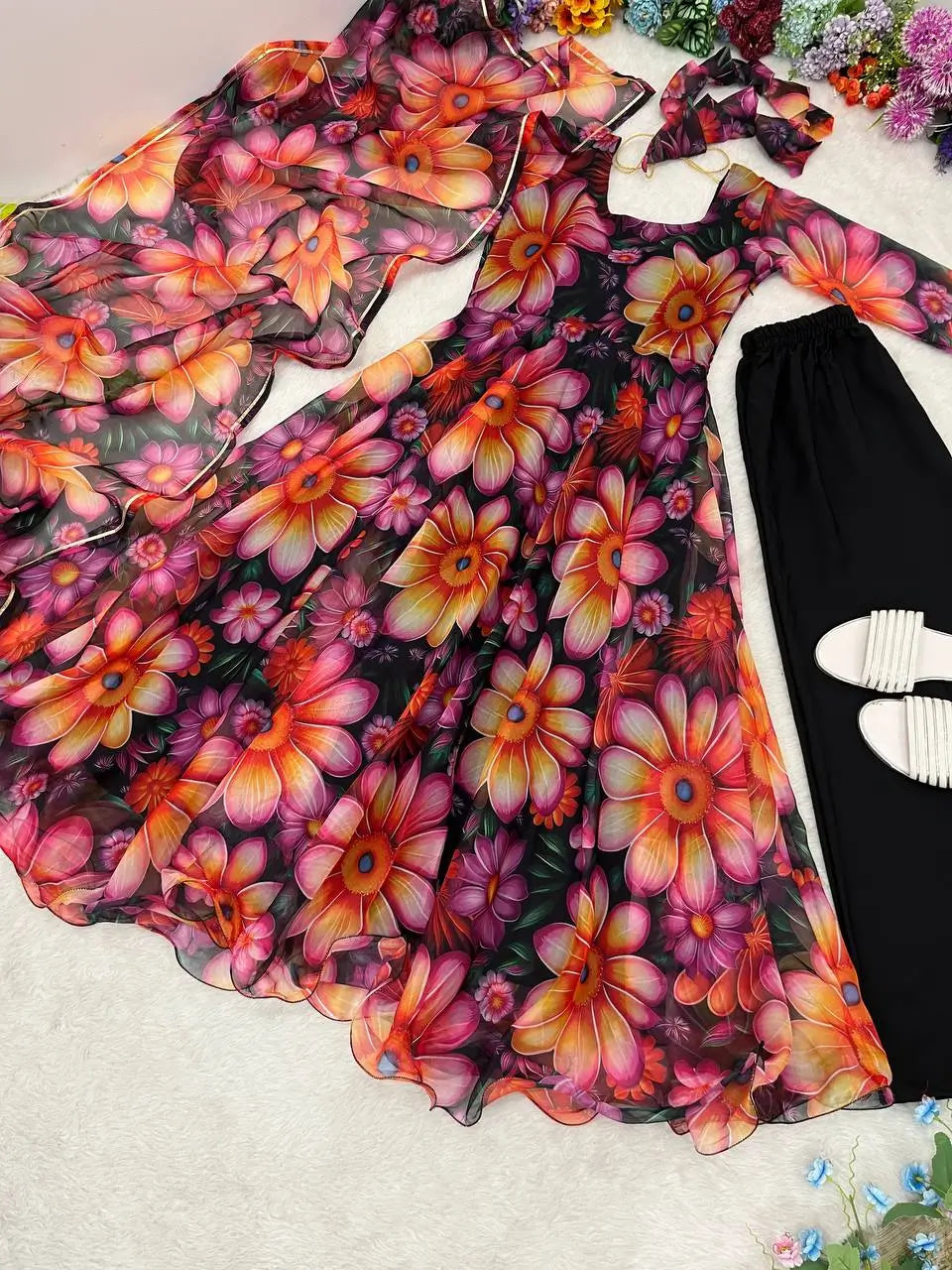 Floral Organza Taby Silk Anarkali Gown Set with Dupatta