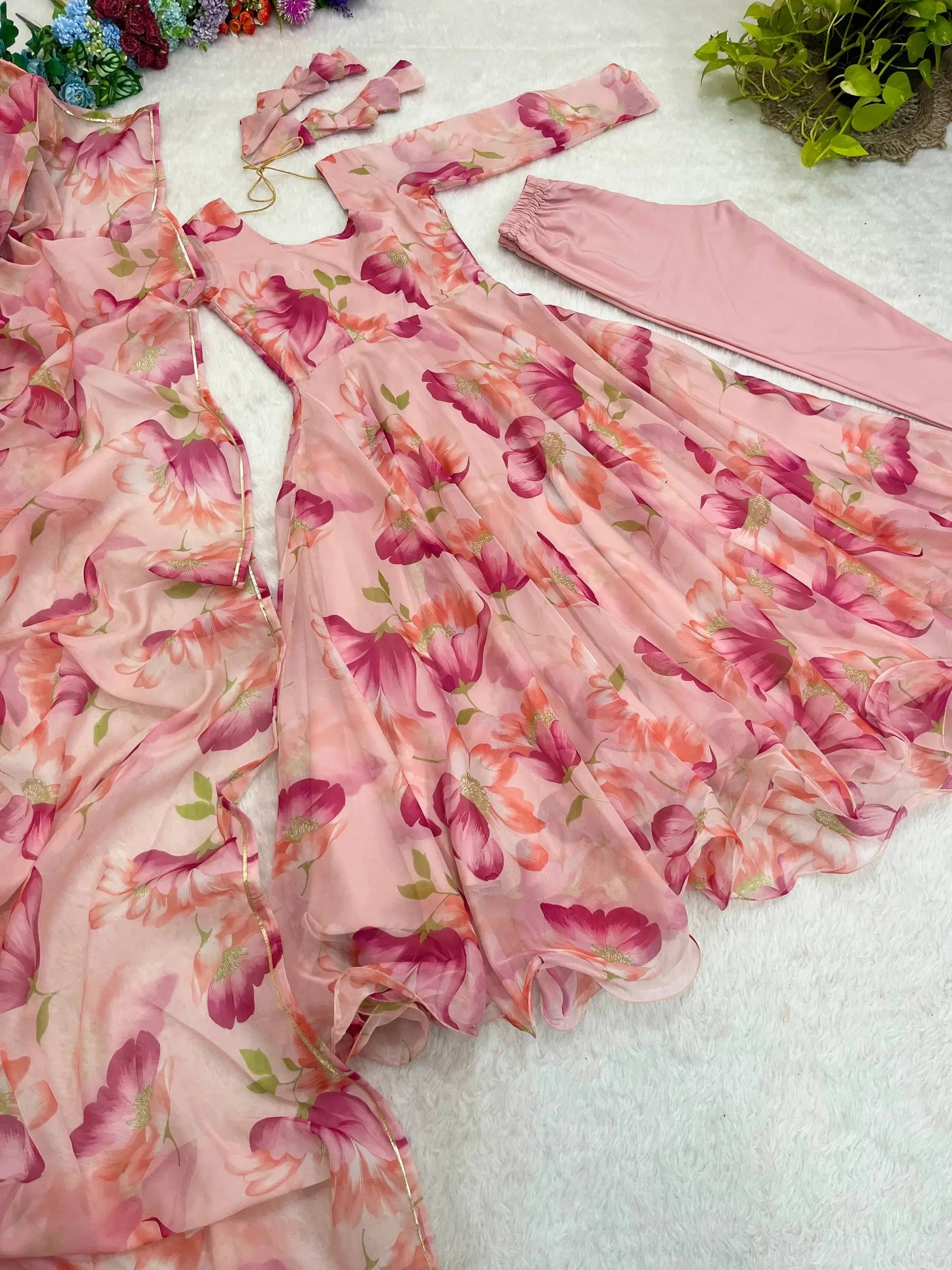 Floral Organza Taby Silk Anarkali Gown Set with Dupatta