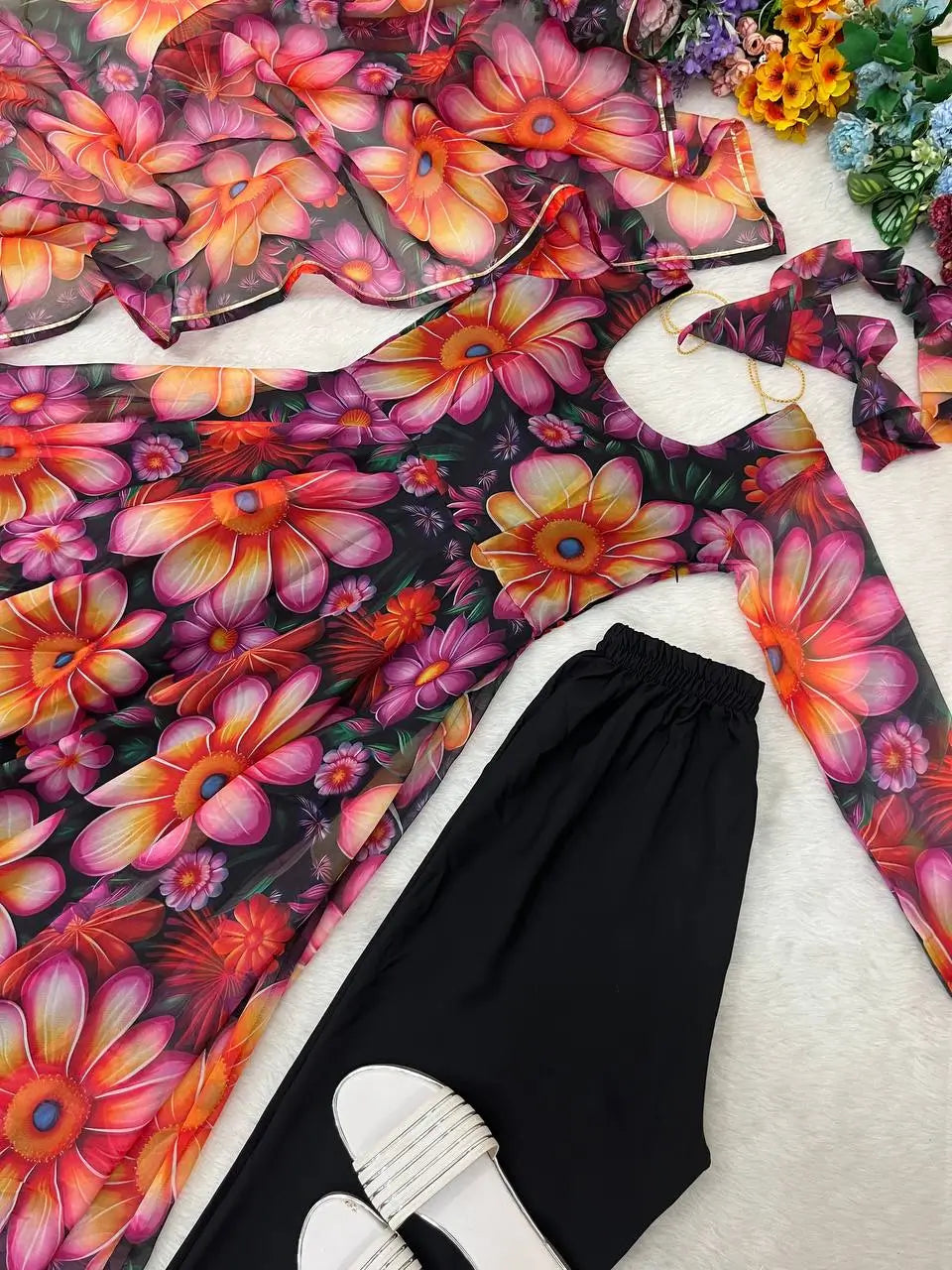 Floral Organza Taby Silk Anarkali Gown Set with Dupatta