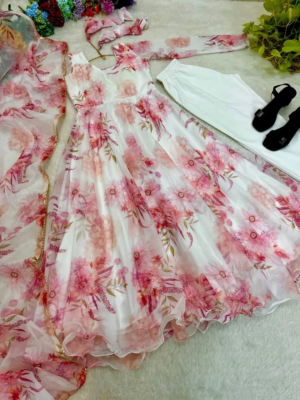 Floral Organza Taby Silk Anarkali Gown Set with Dupatta