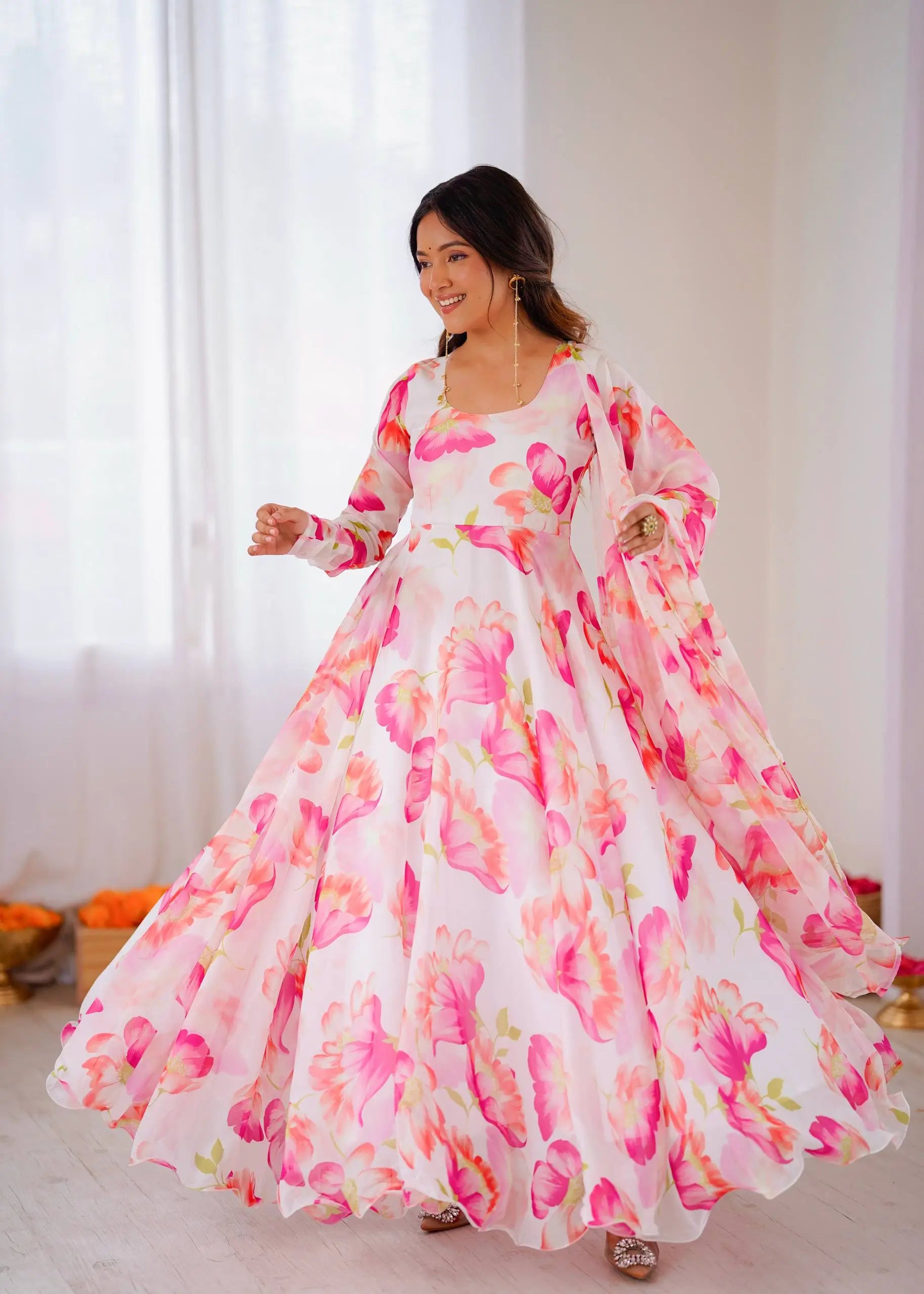 Floral Organza Taby Silk Anarkali Gown Set with Dupatta