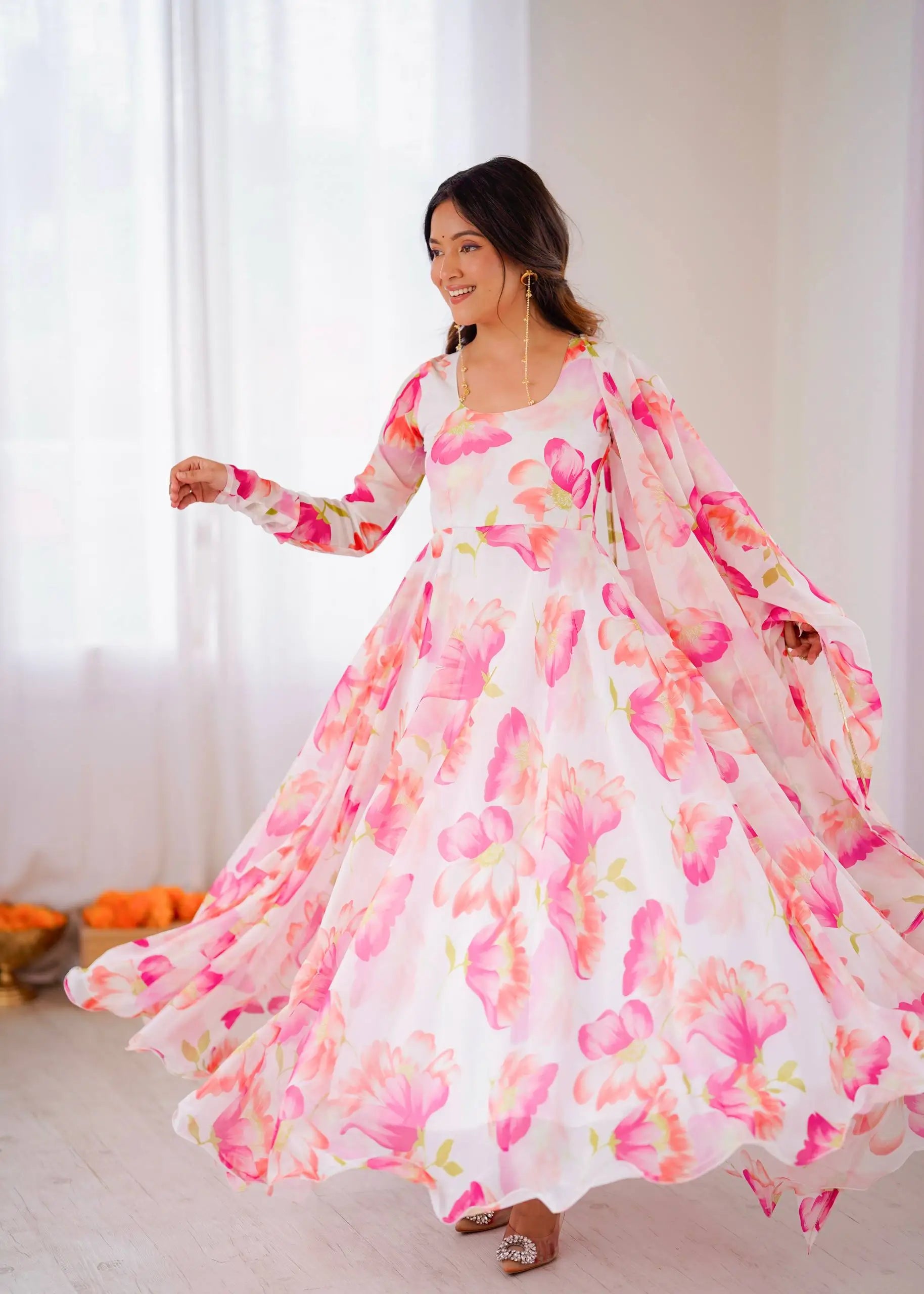 Floral Organza Taby Silk Anarkali Gown Set with Dupatta