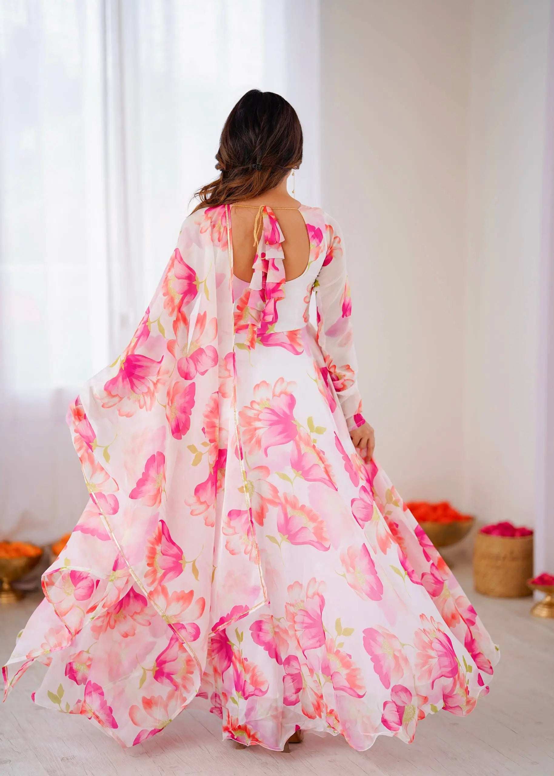 Floral Organza Taby Silk Anarkali Gown Set with Dupatta